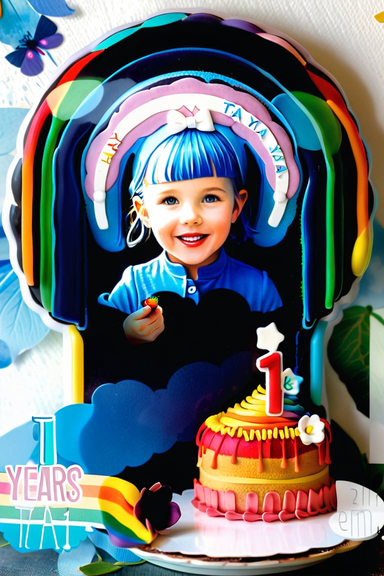 TA1Badge, 1girl, dressing Birthday theme, picking a rianbow cake, text "TA 1 Years", in Garden