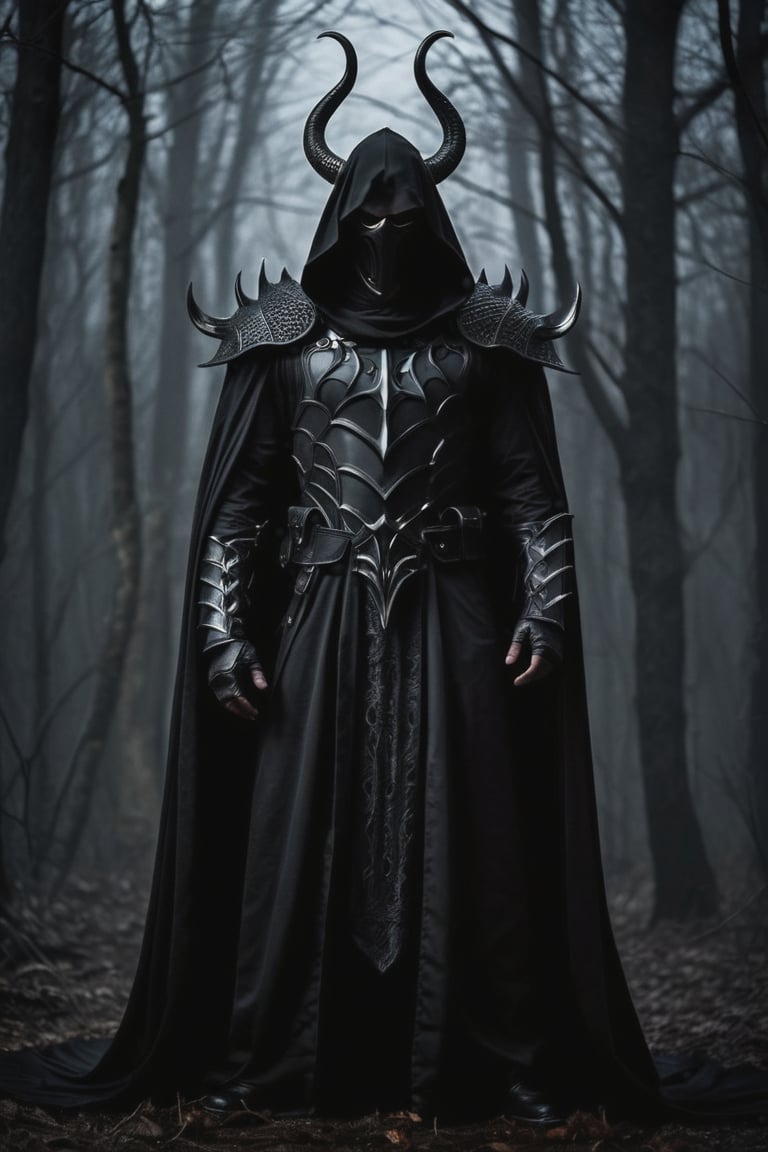 A lone reaper of night emerges from the depths of darkness, shrouded in an ominous cloak woven by slithering black serpents. His body is adorned with intricate, detailed black gothic armor that seems to absorb the faint light, while a hood conceals his face and eyes in an abyss of blackness. Deep shadows writhe around him like phantoms, punctuated by glowing runes and horns that seem to pierce the darkness. The atmosphere is heavy with foreboding, as if nuclear hazard signals a catastrophic event. In this low-key world, insane details converge to create a brilliant composition of dark majesty.