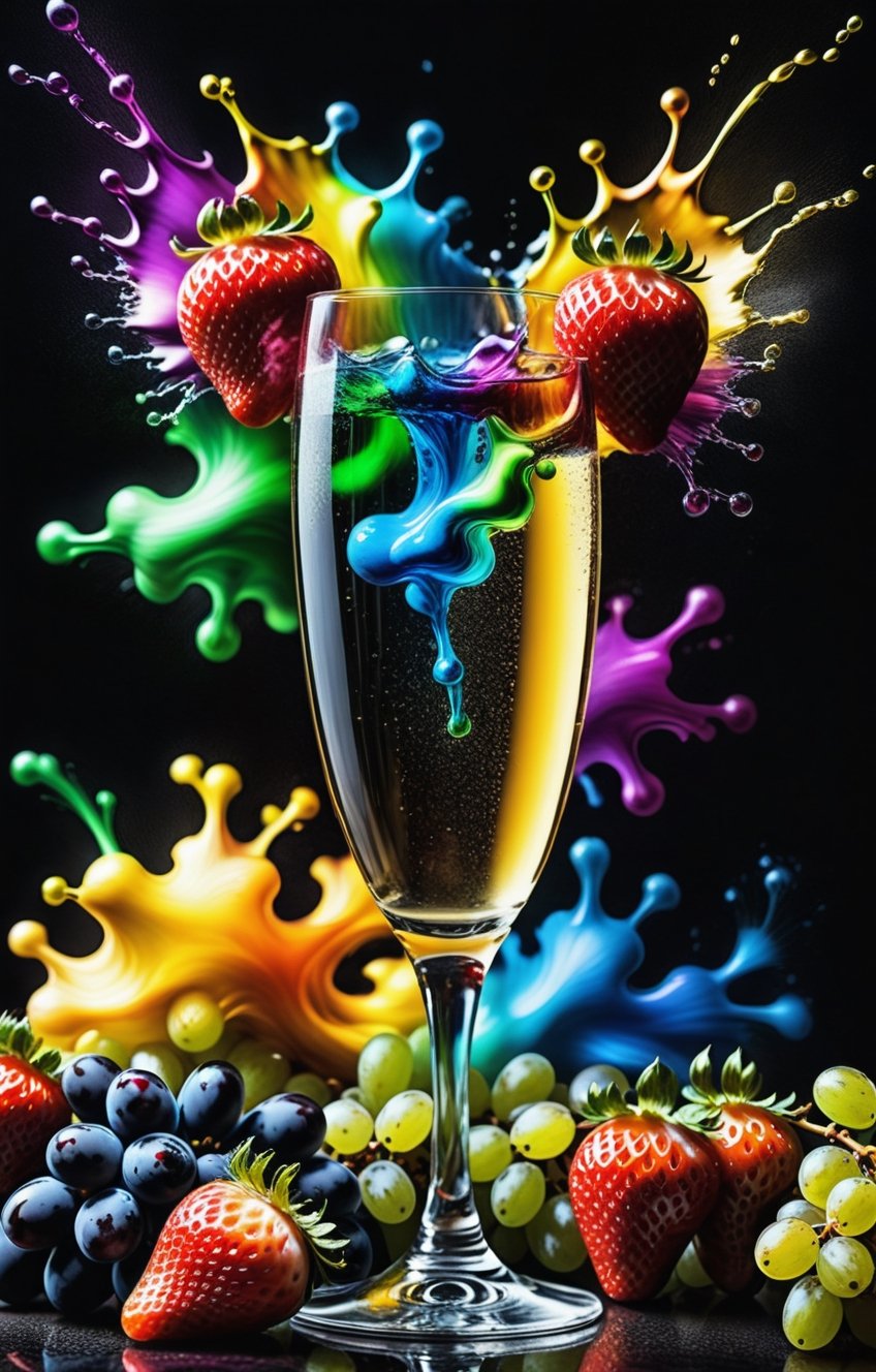 RAW photo,  (colorful color splash),  in shape of a crystal glass of champagne with grapes and strawberry by C-GasmX-arT o...