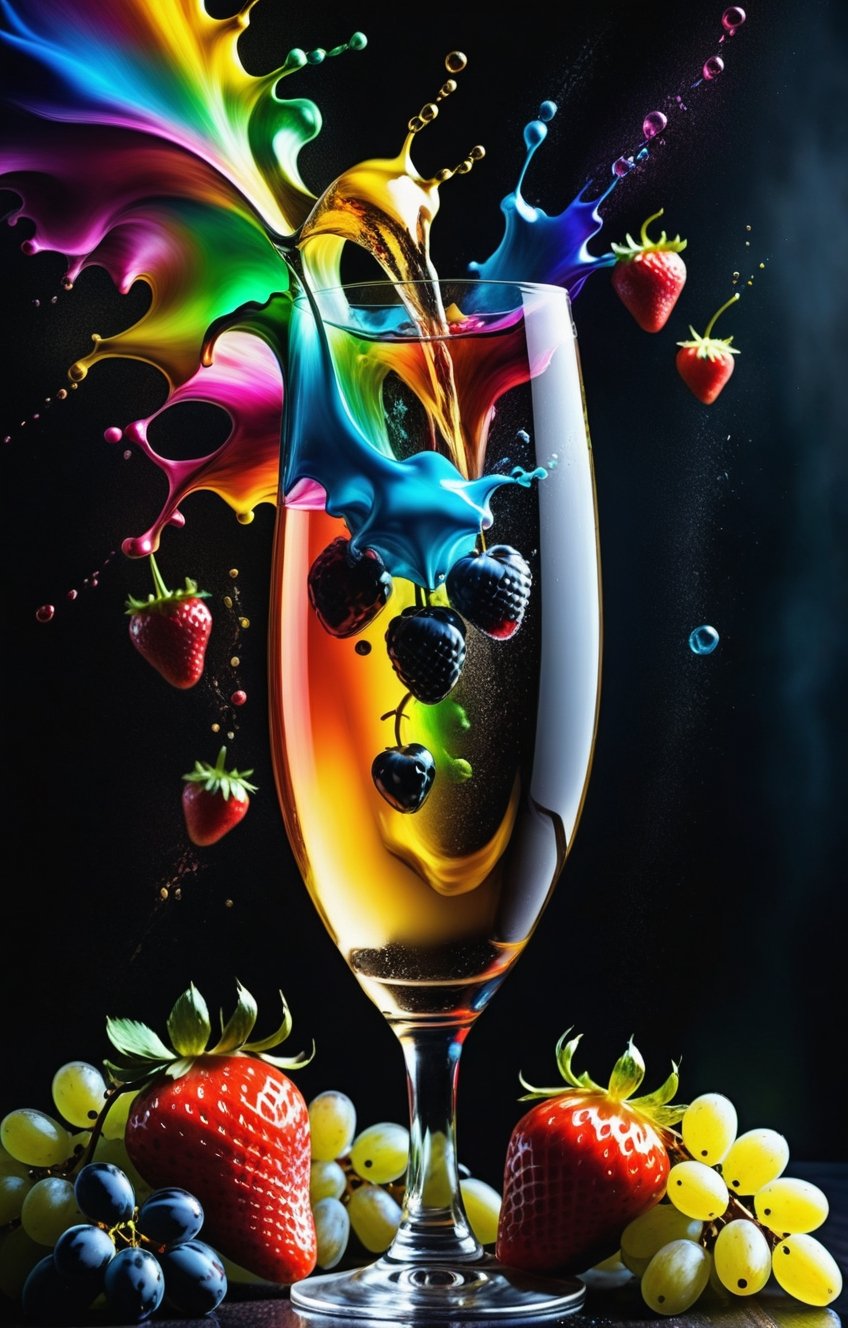 RAW photo,  (colorful color splash),  in shape of a crystal glass of champagne with grapes and strawberry by C-GasmX-arT o...