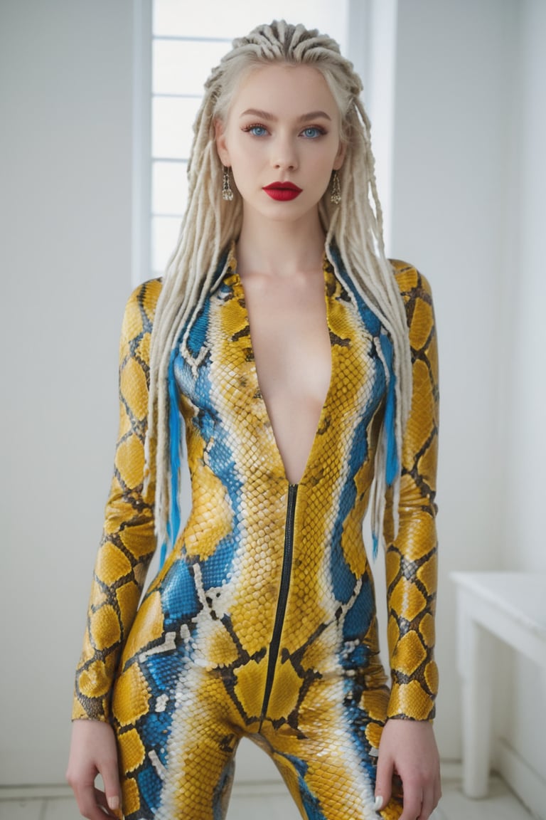 (full body), clear shot, sharp focus, (model pose), (looking away), photo of a  (gorgeous 18 years old girl), pale skin, (white dreadloks), (bright shining  blue eyes), (professional creative makeup), (red lips, eyeliner), (wearing tight yellow_gray python_skin costume with deep neckline), (godess body), (white room as background), best quality, highest quality, detailed and intricate, (best illumination, extremely delicate and beautiful), (finely detailed beautiful eyes and detailed face), (high quality), (ultra detail), (high resolution), (masterpiece), (complex and beautiful), photorealistic, cinematic,  (gorgeous), insane details, 12K, UHD, brilliant composition