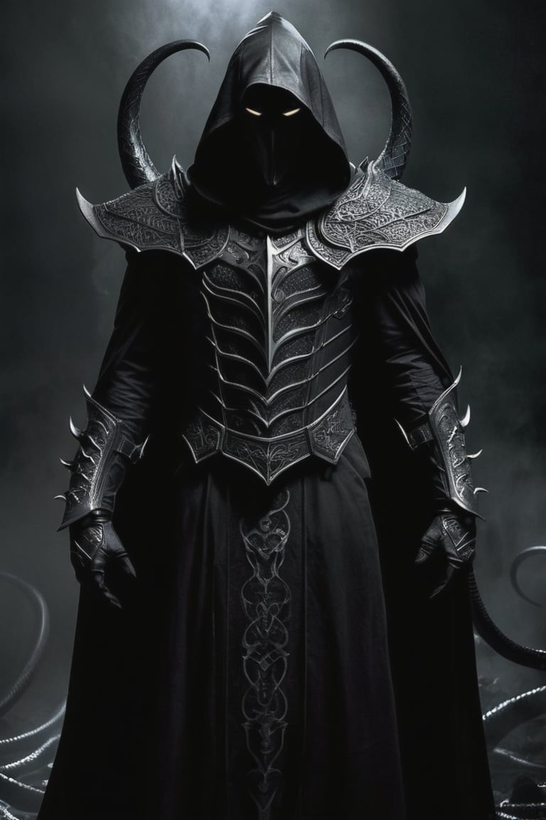 A lone reaper of night emerges from the depths of darkness, shrouded in an ominous cloak woven by slithering black serpents. His body is adorned with intricate, detailed black gothic armor that seems to absorb the faint light, while a hood conceals his face and eyes in an abyss of blackness. Deep shadows writhe around him like phantoms, punctuated by glowing runes and horns that seem to pierce the darkness. The atmosphere is heavy with foreboding, as if nuclear hazard signals a catastrophic event. In this low-key world, insane details converge to create a brilliant composition of dark majesty.