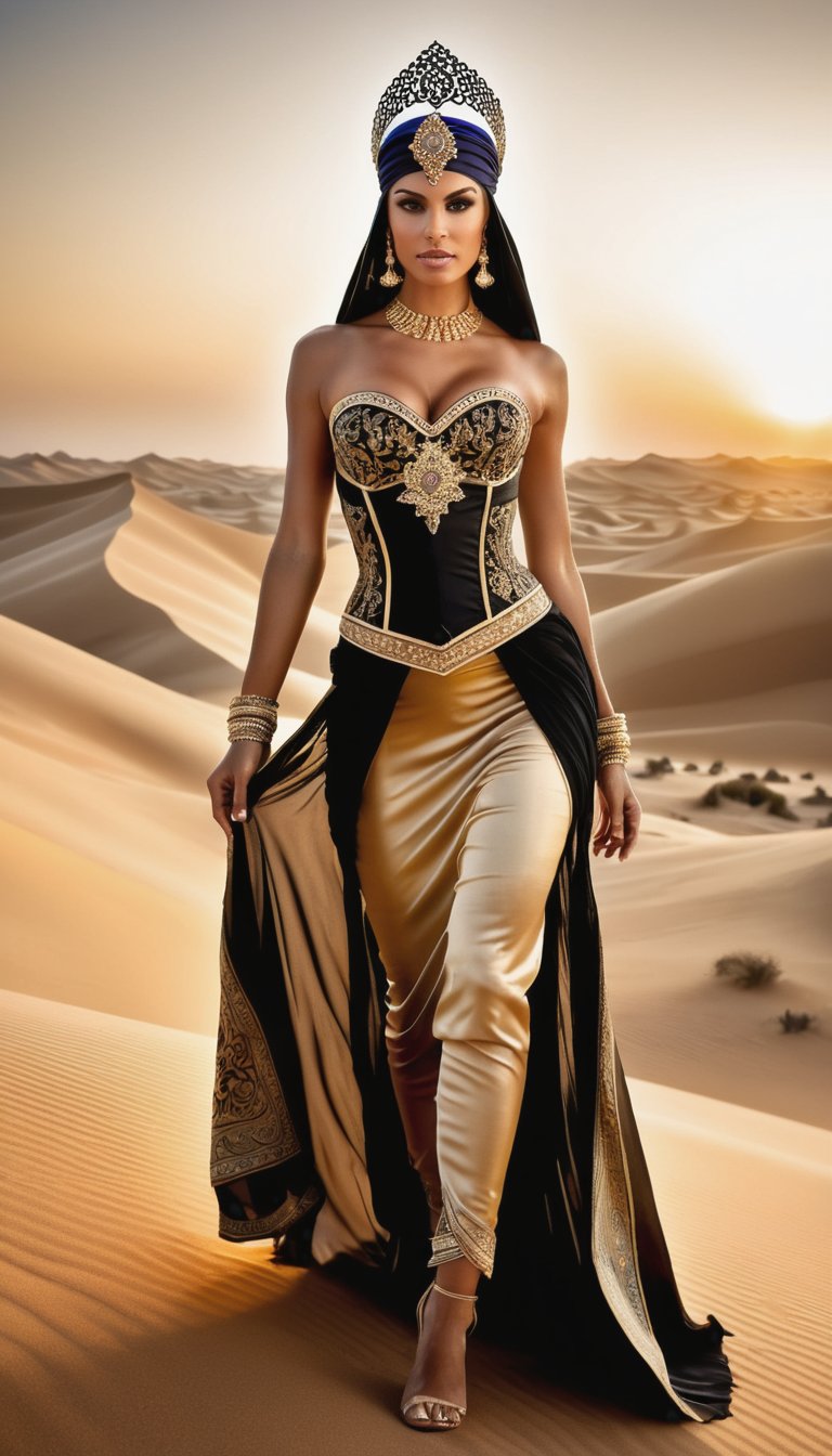 A majestic warrior princess strides confidently into view, her Arabian Nights-inspired attire a masterpiece of damask fabrics, gold, beige, and black. Her hair is intricately tied within the stunning turban crown, adorned with precious gems. The corseted bodice showcases her toned physique as she walks towards the viewer, veil flowing behind her like a river of silk. Against the breathtaking backdrop of sandy dunes bathed in the warm glow of sunset, misty tendrils dance across the horizon, as if the very essence of the mystical desert had been distilled into this enchanting scene.