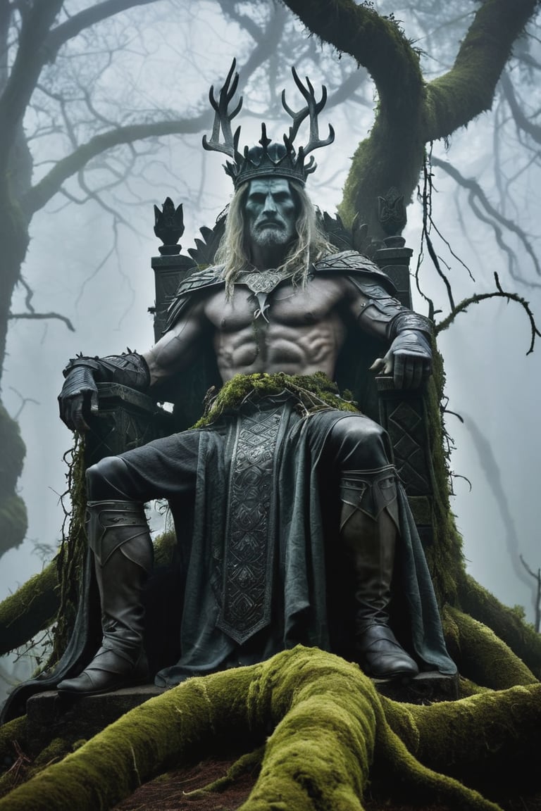 In a shrouded realm of eerie mist, an ancient king sits atop a throne, his weathered face bearing a dark, brooding expression. A jagged, branch-like thorny crown clings to his temples, its twisted branches tangled with vines and moss, as if nature itself sought to consume him. The misty veil obscures the king's features, rendering him an enigmatic figure of foreboding. Amidst this atmosphere of decay and darkness, a faint luminescence emanates from the fog, casting an otherworldly glow upon the scene.