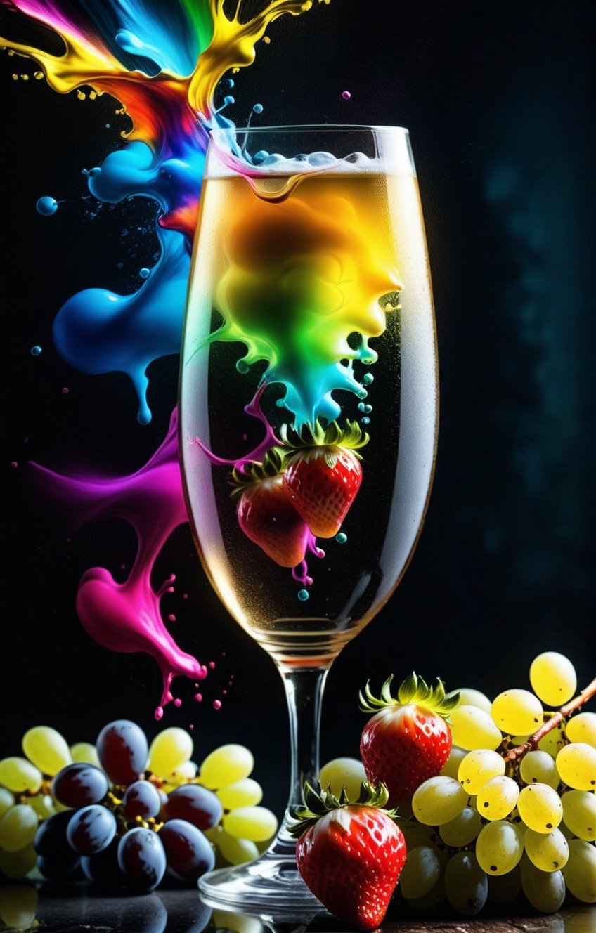 RAW photo,  (colorful color splash),  a crystal clear glass of champagne with grapes and strawberry by C-GasmX-arT on Tens...