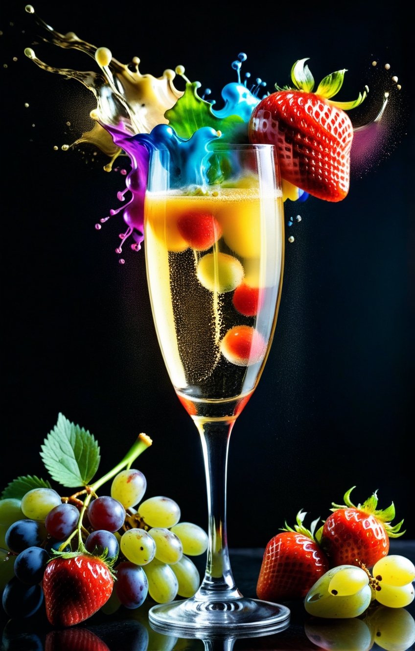 RAW photo,  (colorful color splash),  in shape of a crystal glass of champagne with grapes and strawberry by C-GasmX-arT o...