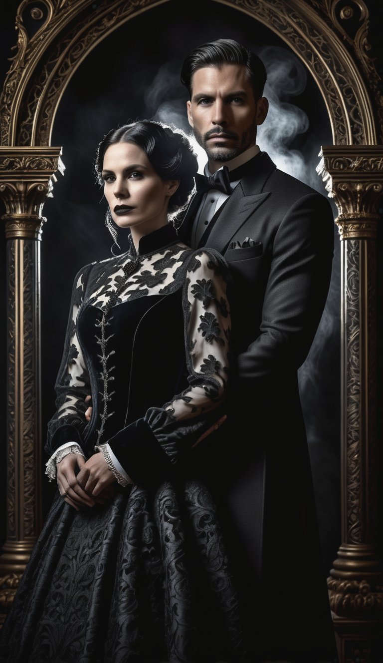 A hauntingly beautiful Gothic-inspired portrait of a gorgeous couple amidst a dark, ornate backdrop, shrouded in mystery and regret. The striking pair, dressed in somber velvet attire, stands out against the stark, black-on-black background, their faces etched with deep emotions. Dramatic shadows dance across their features, as if consumed by the darkness that surrounds them. In this 12K resolution masterpiece, every detail is rendered in exquisite detail, a testament to the power of black and white photography.