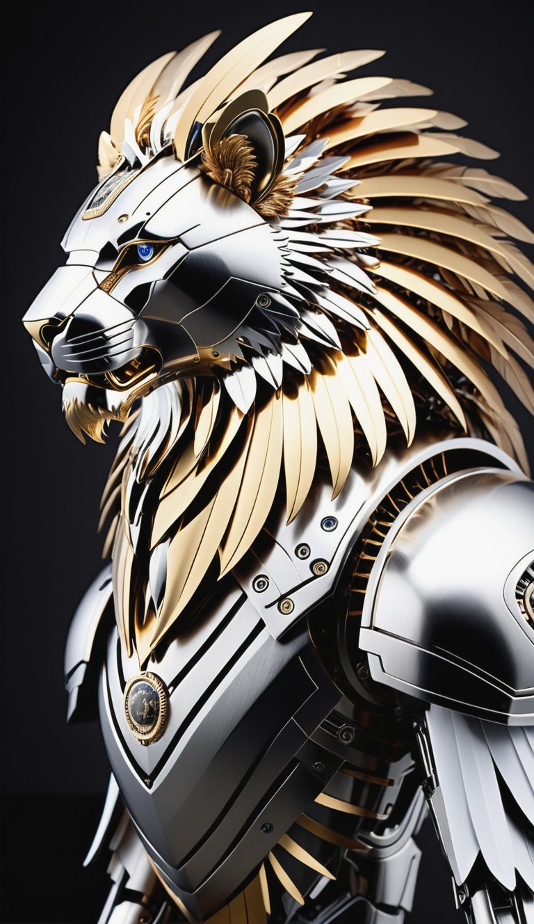 In a dramatic frame composition,  a futuristic robotic lion with intricate metallic details and sharp mechanics stands wit...