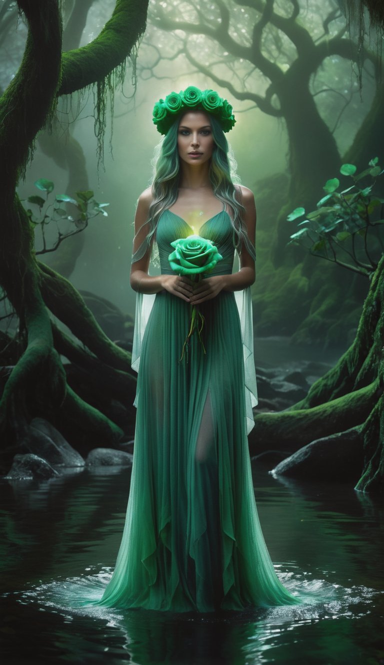 Realistic, front view, in a dimly lit, against a misty backdrop of bioluminiscent twisted trees, eerie fog, glitters, waterfall, a mystical maiden with pale skin stands in the shallow water, with long greenish hair . A flower crown adorns her head, as she holds a lush green rose in her hands, giving it to the viewer The woman's body is painted with vibrant shades of green, giving her an otherworldly glow. The dark, murky water laps at her feet, while the surrounding foliage seems to writhe and twist like living vines. In the shadows, tiny details await discovery: a glinting fish scale here, a delicate petal there. The overall mood is one of foreboding mystery, as if the very darkness itself has taken physical form, green theme.