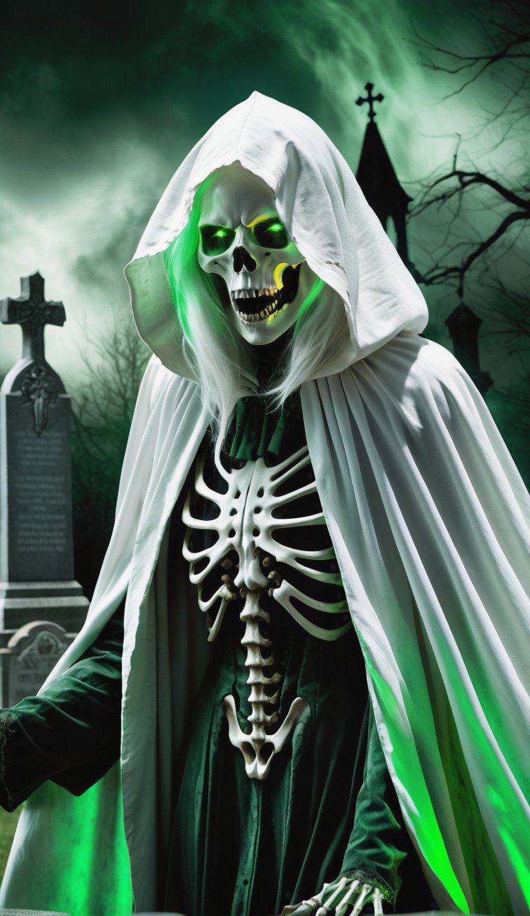 digital art, upper body, in a dimly lit, a monstrous skeletal woman with green glowing eyes and white whispy hair billowing in the wind wearing ragged white cloak screeching in a cemetery , green theme, horror (theme), best dramatic shadows, insane details, dark shot, 12k.