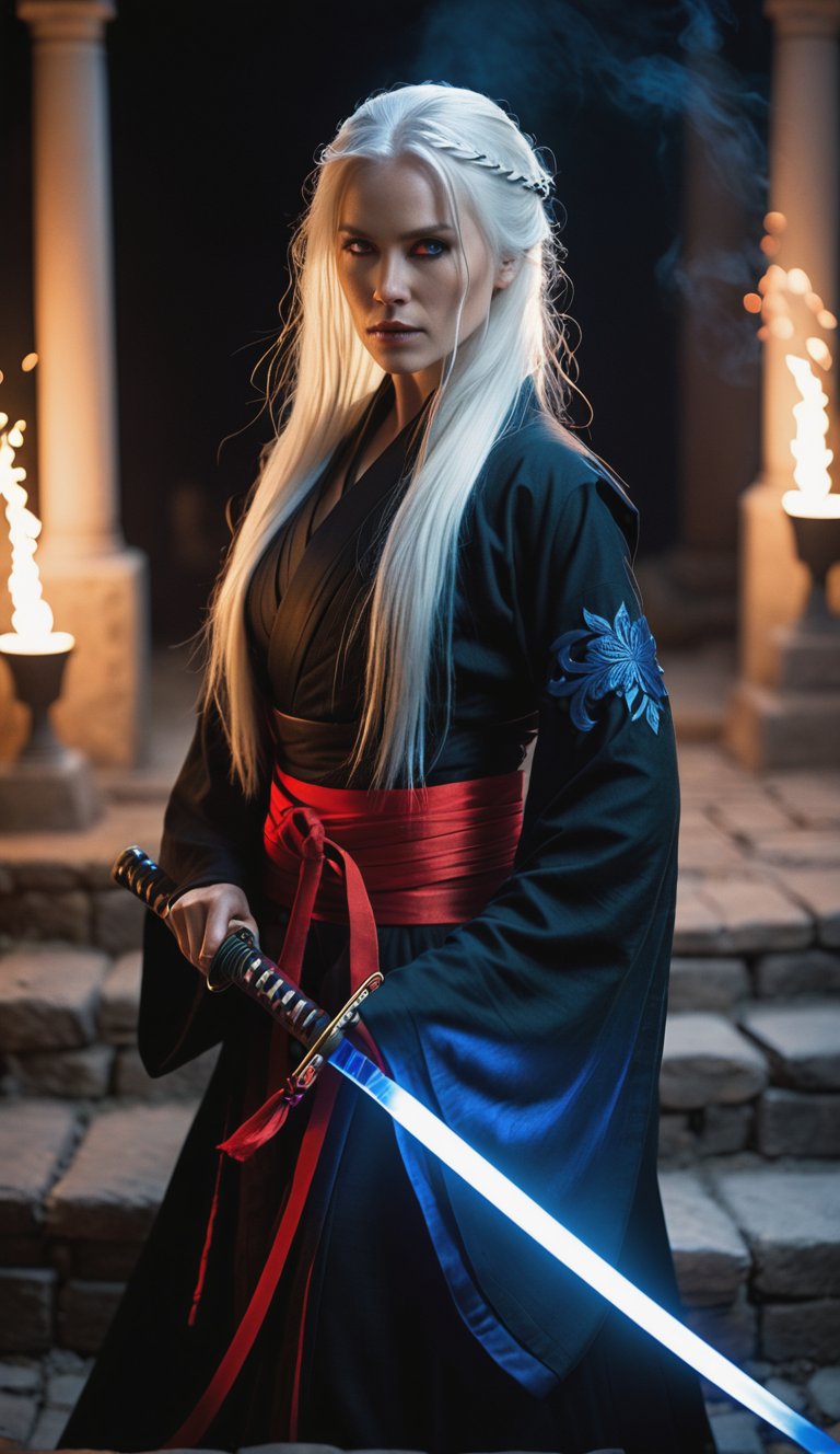 A cinematic masterpiece: Midnight Reckoning. Framed from above, a woman in black attire dominates the ultra-realistic image. Her piercing red-eyes and long white hair partially conceal her intense gaze. The subject wields a glowing blue katana, illuminated by candlelight-like softboxes, Subtle highlights on her gown's embroidery come from LED light strips. In the blurred background, sparks and embers dance in the dimly lit clearing, set against a deep, saturated color palette. The 35mm lens with F/1.2 apperture captures every detail with depth of field, while film grain noise and subtle scratch effects add realism to this ultrarealistic shot.