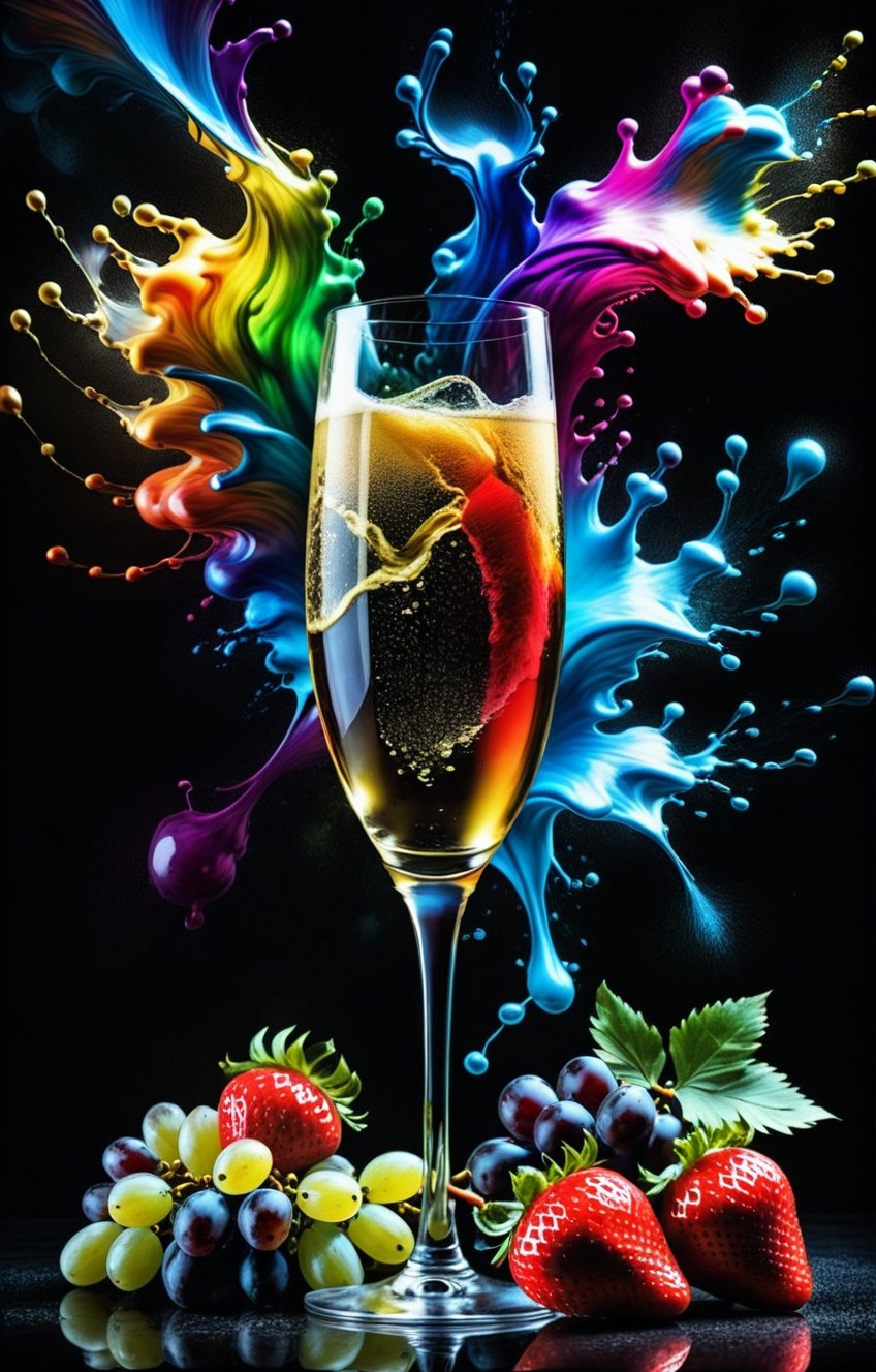 RAW photo,  (colorful color splash),  one crystal glass of champagne with grapes and strawberry by C-GasmX-arT on Tensor.Art