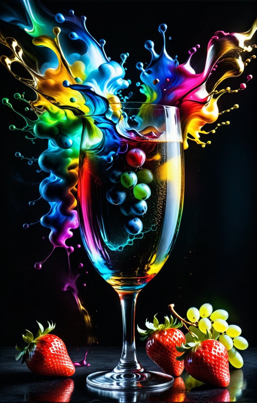 RAW photo,  (colorful color splash),  in shape of a crystal glass of champagne with grapes and strawberry by C-GasmX-arT o...