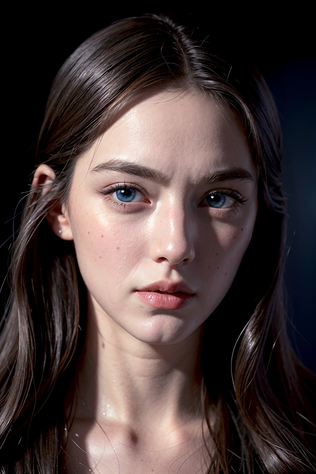 (close-up, editorial photograph of a 20-year-old girl, blue eyes, delicate eyes, from the 1940s), (highly detailed face:1.4) (smile:0.7) (background inside dark, grumpy, private study:1.3) POV, by lee jeffries, nikon d850, film bank photography,4 kodak portra 400, camera f1.6 lens, rich colors, hyper realistic, realistic texture, dramatic lighting, cinestill 800,