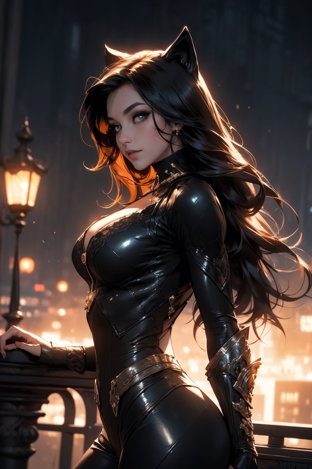 (RAW Photo, Best Quality), (Real, Photorealistic: 1.1), Best Quality, Masterpiece, Beautiful, 16K, (HDR: 1.2), High Contrast, (Vivid Color: 1.3),
1 Cat woman, rooftop of a skyscraper, supple cat pose, long chestnut hair, black shiny cat woman mask, crimson rouge, front view, big eyes glaring at you, fearless smile, body line Sexy black Suits, jet black night sky and supermoon background, cinematic lighting, ambient lighting, side lighting, exquisite details and textures, cinematic shots, warm tones, (bright and intense: 1.1), wide shots, by xm887 , ultra-realistic illustration, natural proportions of Siena, (fantasy theme): 1.3), (fractal artwork: 1.3), low angle view,