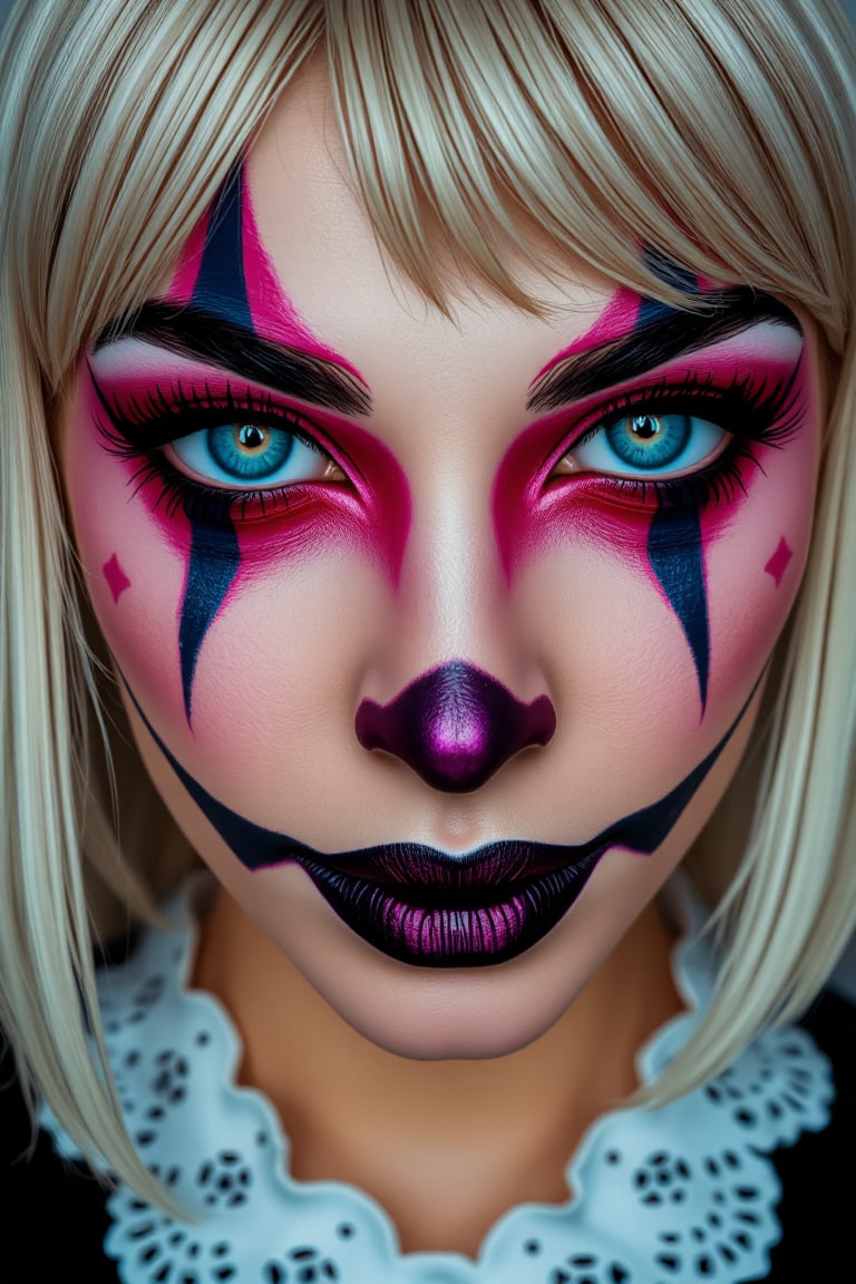 Close-up of a person's face with elaborate creepy clown makeup. 


The makeup features bright pink and white areas, with darker purple and black accents. The face is painted with a clown-like design, including exaggerated features like the eyes, nose, and mouth.  The eyes have white contact lenses, creating a striking contrast with the black and purple makeup around them.  Eyelashes are also applied, with dark, feathery false lashes. The mouth is a wide, sinister smile, with a dark purple-blue outlining its shape.


There are small, pink flower-like designs at the corners of the eyes and cheeks.  The overall effect is one of a theatrical, unsettling clown makeup, likely for a Halloween or special event costume. The person's hair is light blonde/platinum blond, visible as a fringe/side-swept style around the face. 


The skin appears to be fair and smooth, though not fully natural due to the layers of makeup. A lacy, white fabric collar, or ruffle, is visible at the base of the neck.