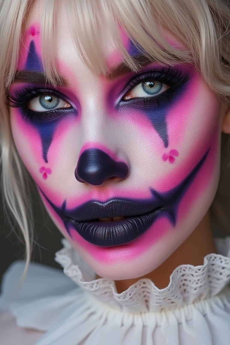 Close-up of a person's face with elaborate creepy clown makeup. 


The makeup features bright pink and white areas, with darker purple and black accents. The face is painted with a clown-like design, including exaggerated features like the eyes, nose, and mouth.  The eyes have white contact lenses, creating a striking contrast with the black and purple makeup around them.  Eyelashes are also applied, with dark, feathery false lashes. The mouth is a wide, sinister smile, with a dark purple-blue outlining its shape.


There are small, pink flower-like designs at the corners of the eyes and cheeks.  The overall effect is one of a theatrical, unsettling clown makeup, likely for a Halloween or special event costume. The person's hair is light blonde/platinum blond, visible as a fringe/side-swept style around the face. 


The skin appears to be fair and smooth, though not fully natural due to the layers of makeup. A lacy, white fabric collar, or ruffle, is visible at the base of the neck.