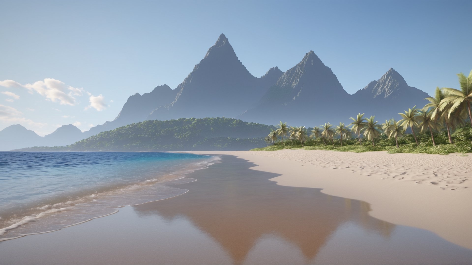 A landscape photo of a sandy beach of island with mountains. clean air weather, clear and sharp detail. (masterpiece, best quality, ultra-detailed, highest detailed, extremely delicate, Official art, 8k),aw0k geometry