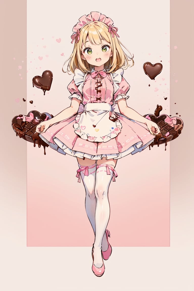 1girl, blonde hair, ((selling chocolate for boyfriend at chocolate shop)), Pink patent leather maid, pink dress,white thighhighs,white apron,cross-laced clothes, masterpiece, best quality, looking at viewer, vintage fantasy, watercolor, warm pastel colour tone, colourpencil style, ((half body)),kawaiitech