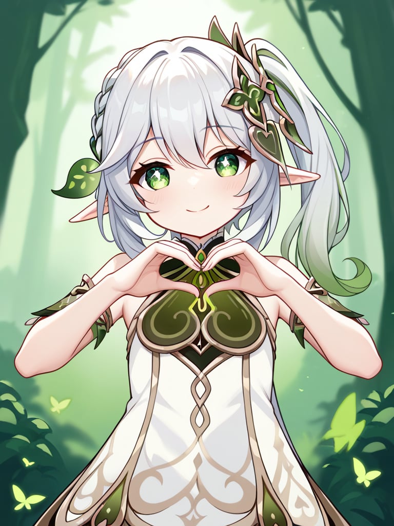 score_9, score_8_up, score_7_up,score_6,score_5,score_4,best quality,masterpiece,1girl,nahida \(genshin impact\),side_ponytail, green eyes, smile, ((white hair)), elf ears,smile,hands heart pose,on forest,