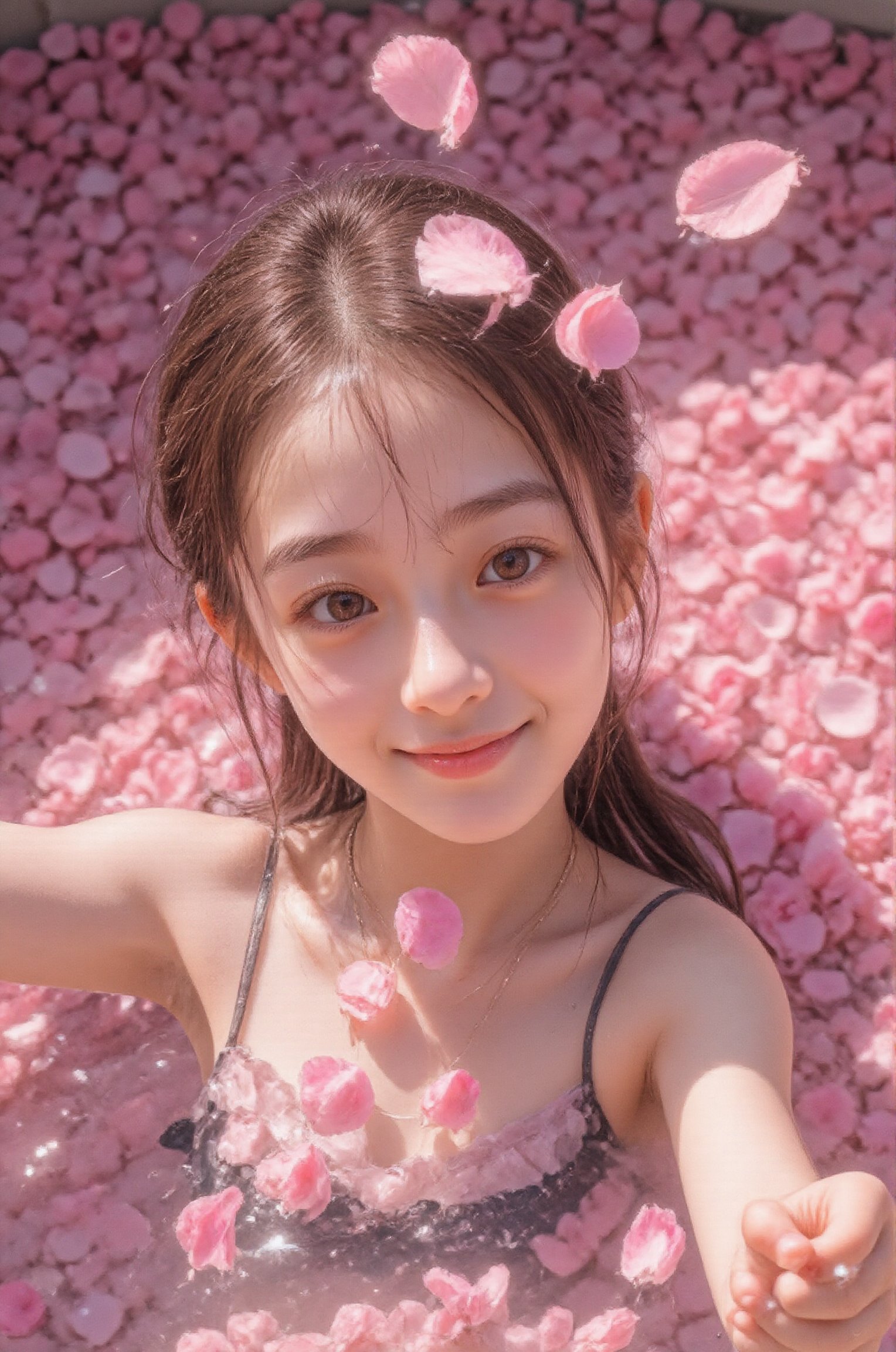 A Japanese super idol is in a pool filled with all pink rose petals instead of water. She is divinely beautiful,  like a f...