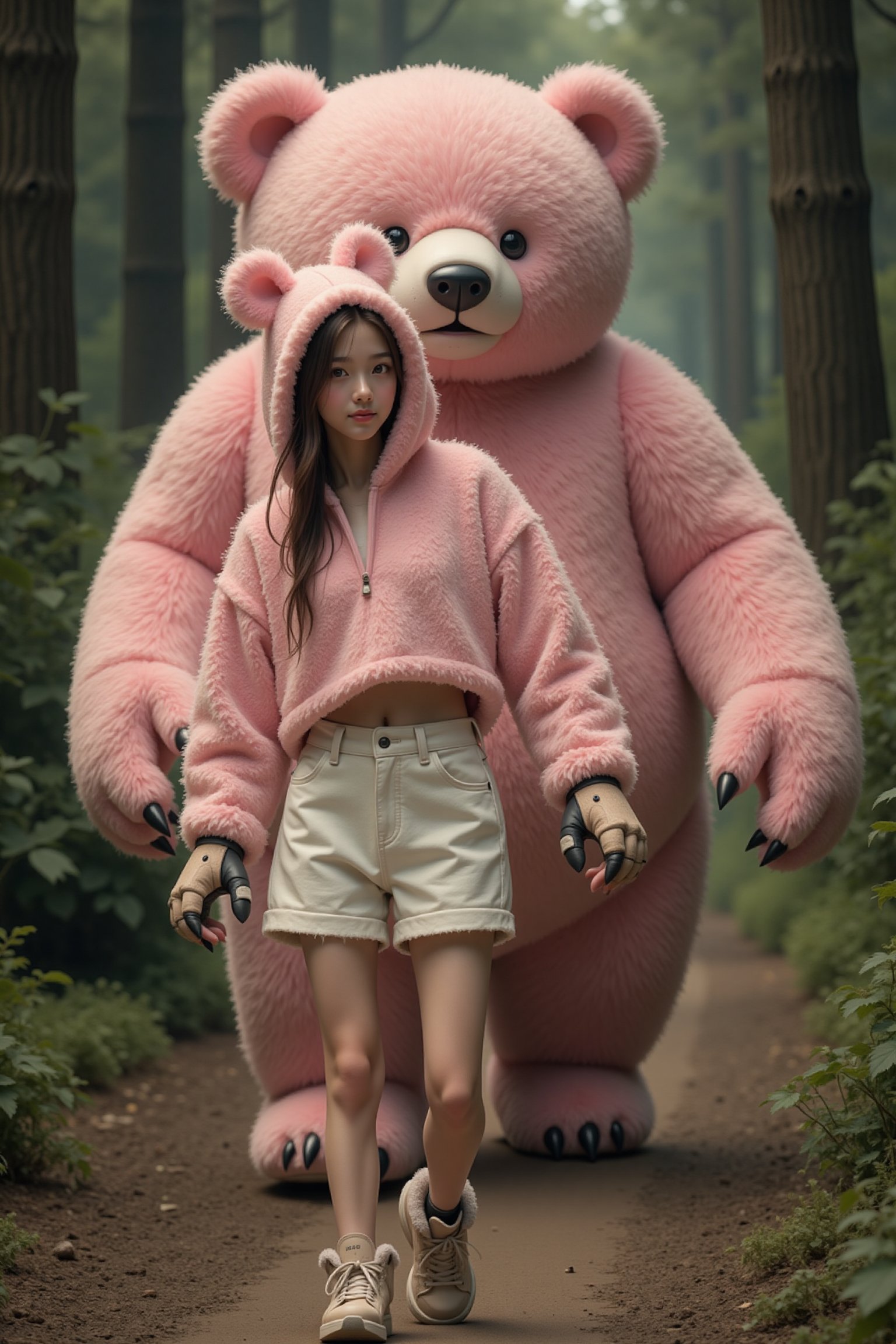 A young,  slender Asian woman wearing a fluffy plush hood cropped hoodie with bear ears,  fluffy plush shorts by AI.bijotu...
