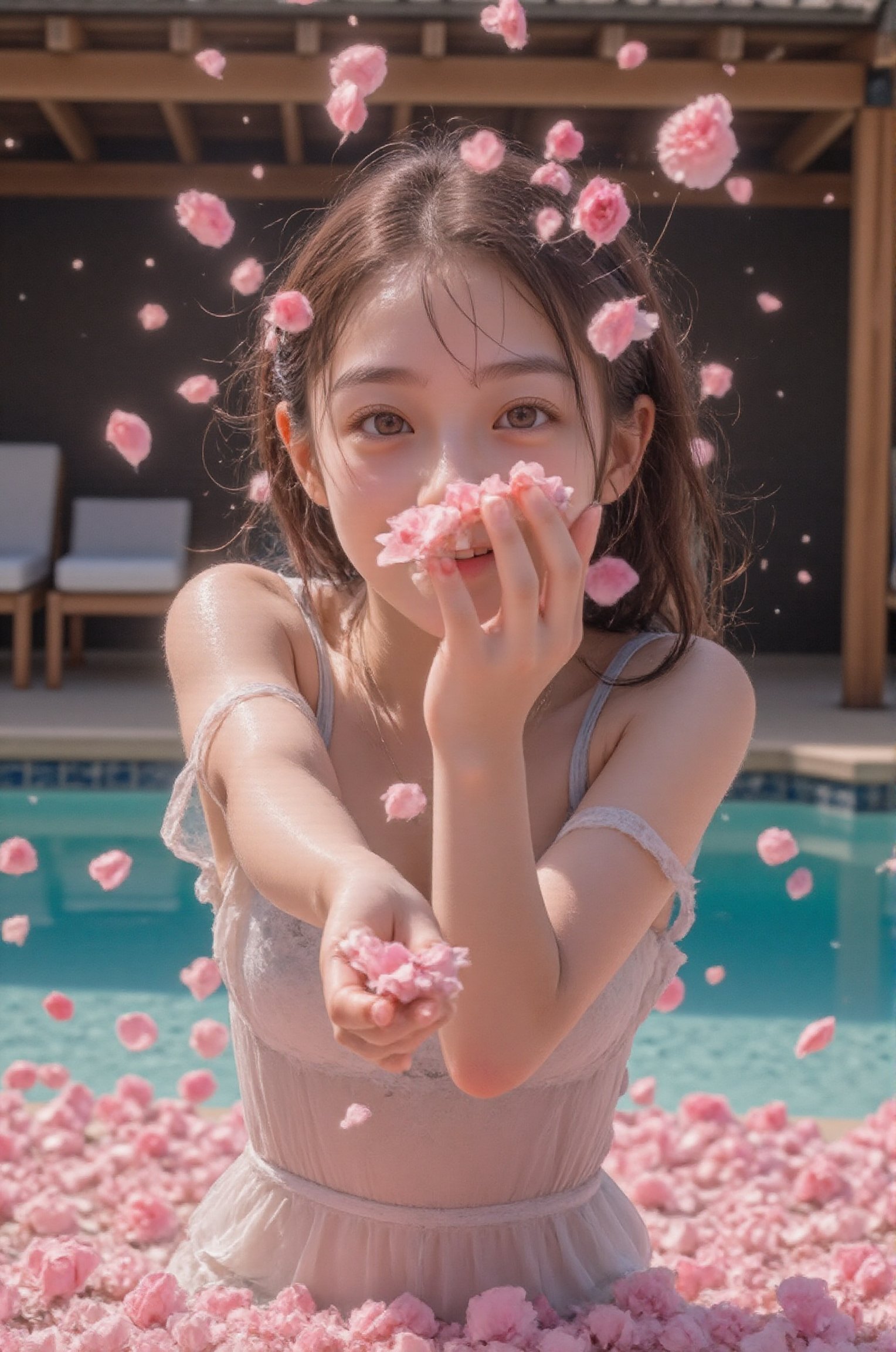A Japanese super idol is in a pool filled with all pink rose petals instead of water. She is divinely beautiful,  like a f...
