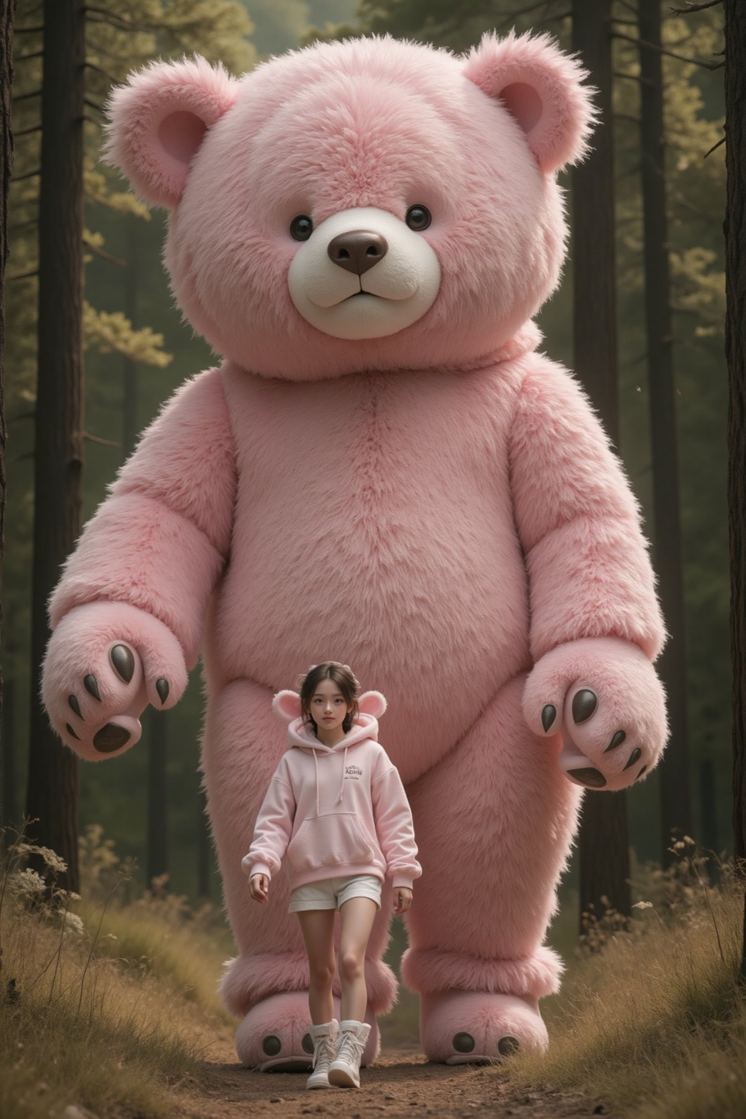 A young,  slender Asian woman wearing a fluffy plush hood cropped hoodie with bear ears,  fluffy plush shorts by AI.bijotu...