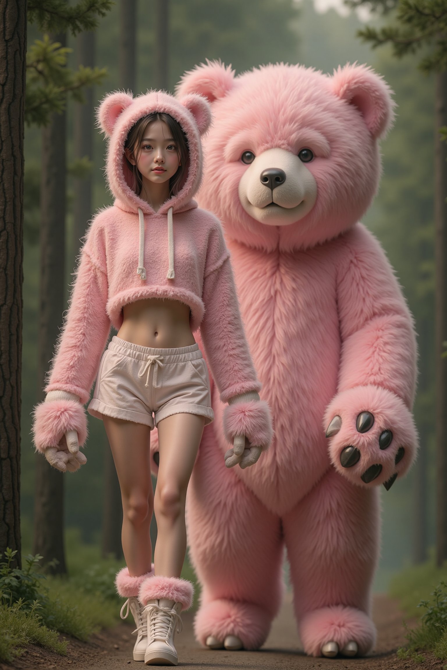 A young,  slender Asian woman wearing a fluffy plush hood cropped hoodie with bear ears,  fluffy plush shorts by AI.bijotu...