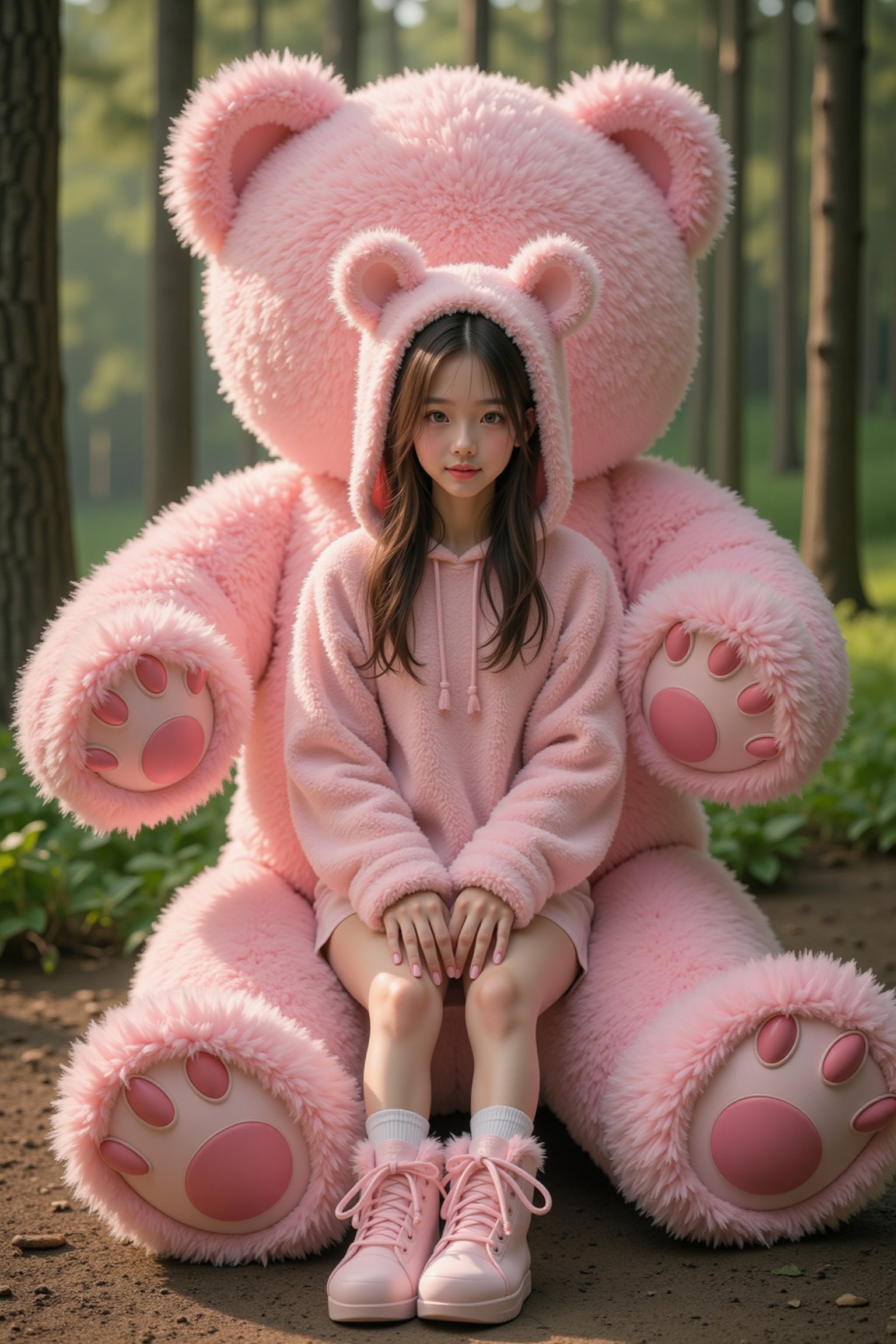 A young,  slender Asian woman wearing a fluffy plush fabric hood cropped hoodie with bear ears,  fluffy plush fabric short...