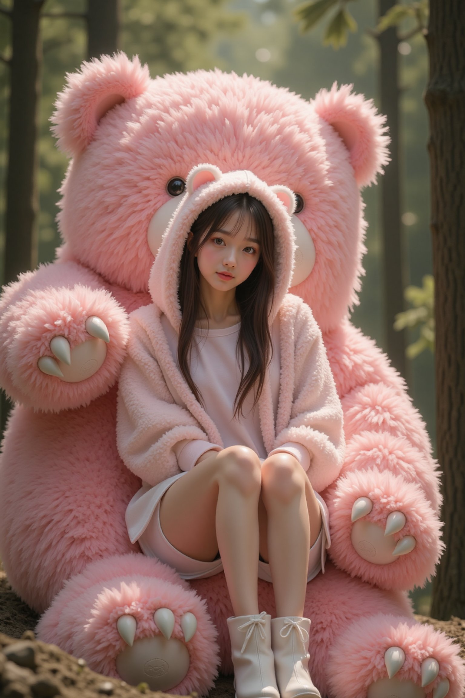 A young,  slender Asian woman wearing a fluffy plush fabric hood cropped hoodie with bear ears,  fluffy plush fabric short...