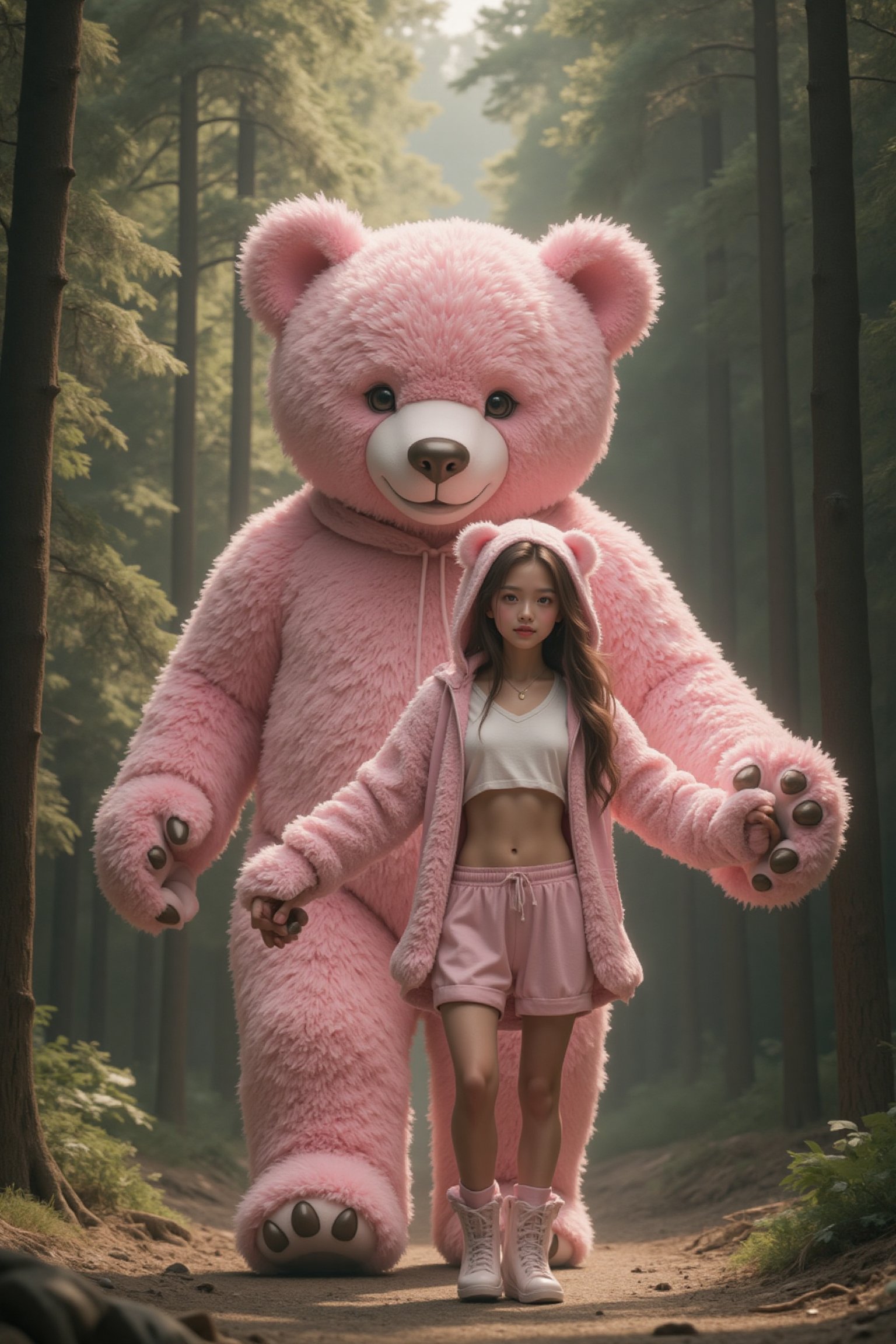A young,  slender Asian woman wearing a fluffy plush hood cropped hoodie with bear ears,  fluffy plush shorts by AI.bijotu...