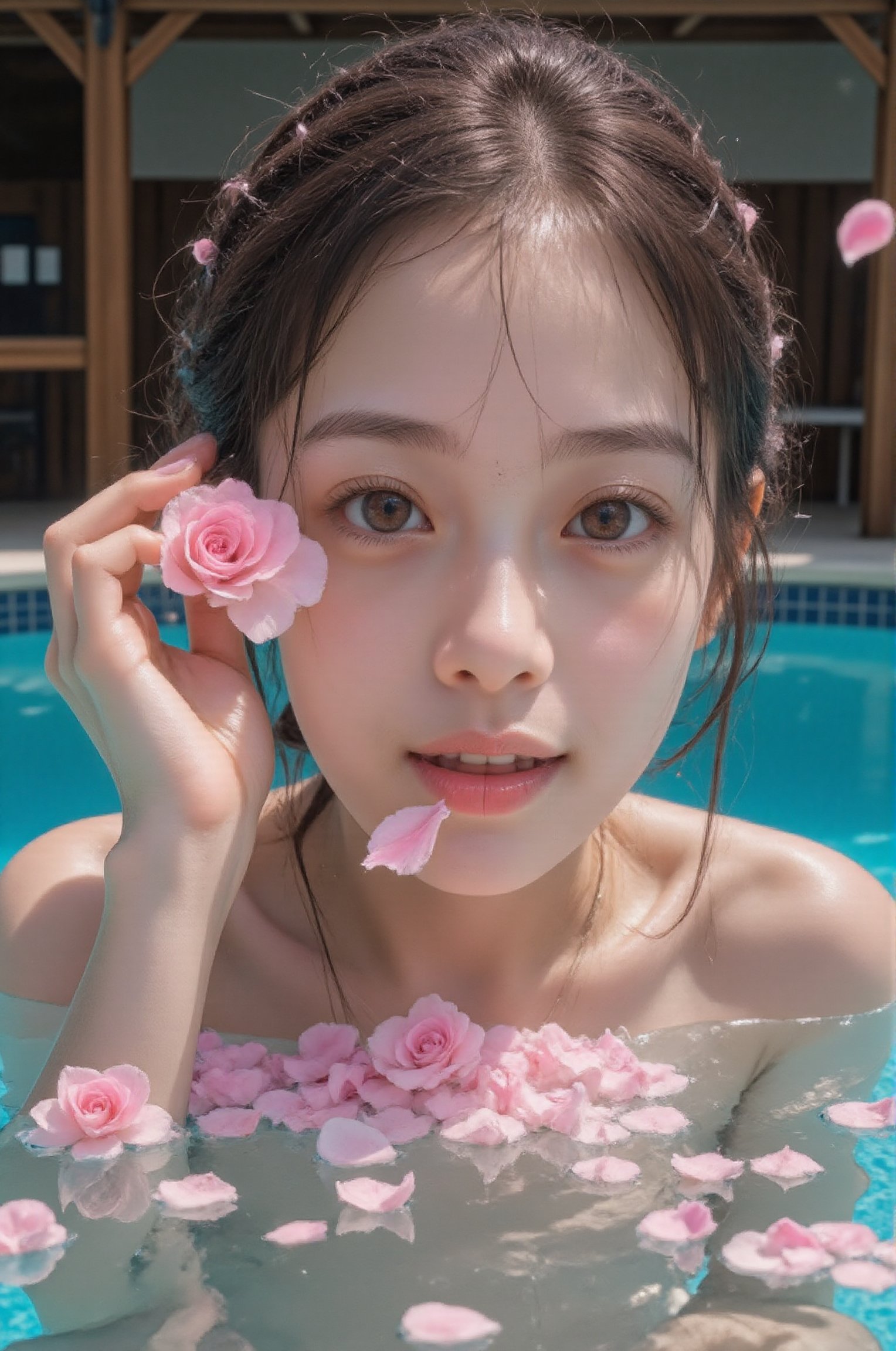 A Japanese super idol bathes in a pool filled with pink rose petals instead of water. She is divinely beautiful,  as if sh...
