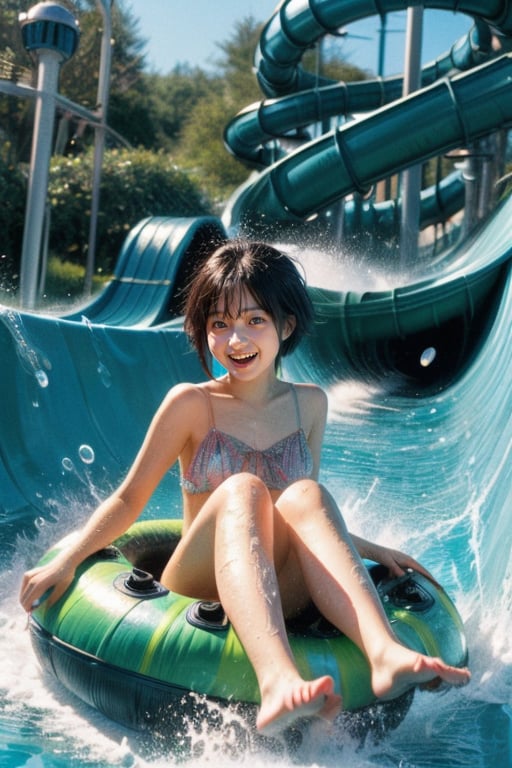 (A very beautiful 20-year-old Japanese woman in a micro bikini is having fun sliding down a water slide at a water park, splashing water all over her.) (Very long water slide: 1.5) (Sliding down the water slide: 1.3) (Large water splashing violently: 1.5) (Water flowing down the water slide) (Very short pixie cut hair: 1.4)

Best quality, Top Quality, Ultra High Resolution, 8k, Masterpiece UHD, Unparalleled Masterpiece, Ultra Realistic 8K, High resolution, Vivid and dynamic, Focus on her unparalleled figure, Make the subject stand out, Focus on Her, innocent face, 18 years old, adult female, one person, tanglistening skin, Japanese, Are thin, full body, natural smile,shiny skin, gloss skin, tanglistening skin, detailed skin,Super realistic,Super realistic phpto, lazy river, trees, ((bare legs)), ((wet body)), ((splash)), ((sitting on colorful funny pattern innertube)), (((spiral waterslide))),(((from below)))