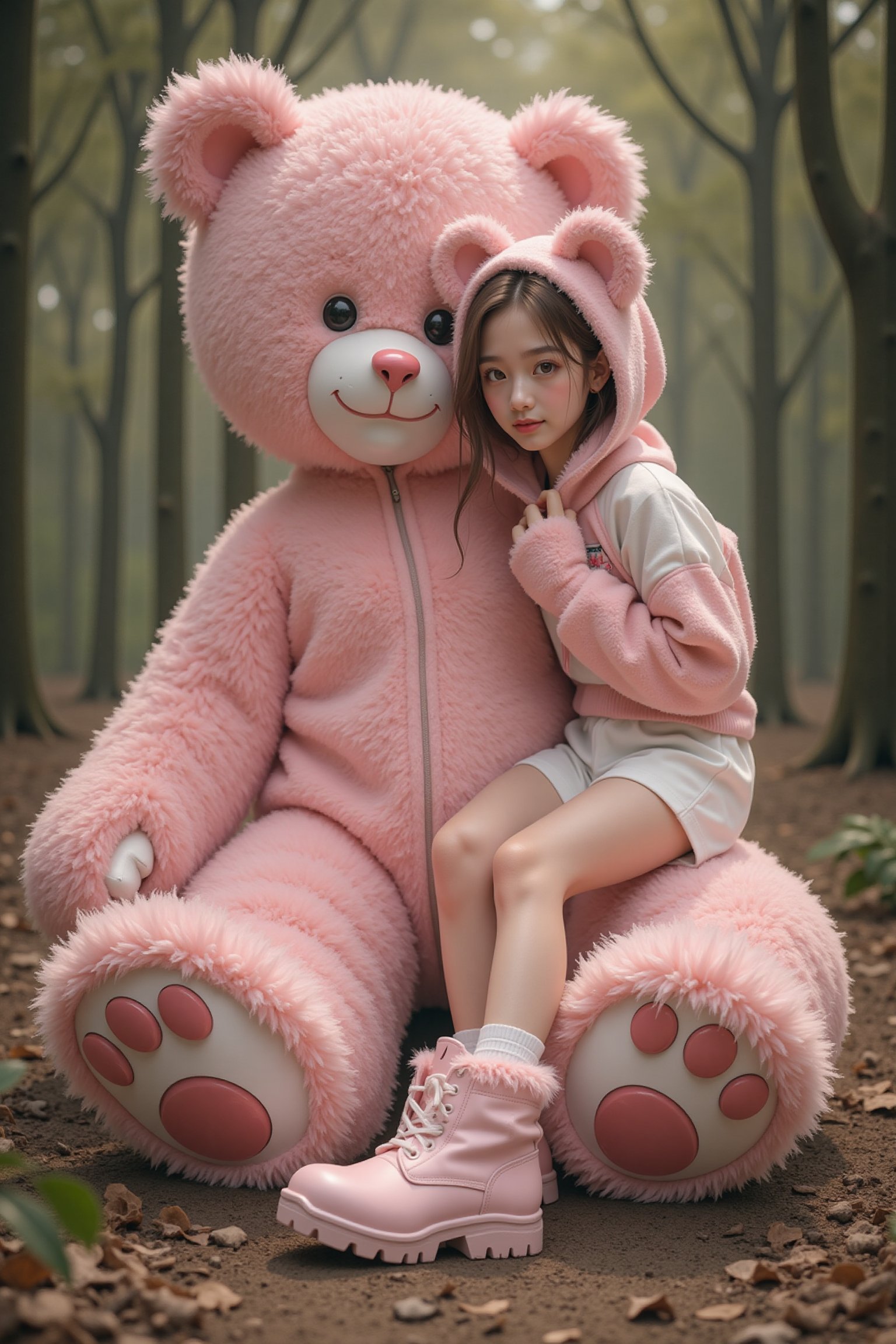A young,  slender Asian woman wearing a fluffy plush fabric hood cropped hoodie with bear ears,  fluffy plush fabric short...
