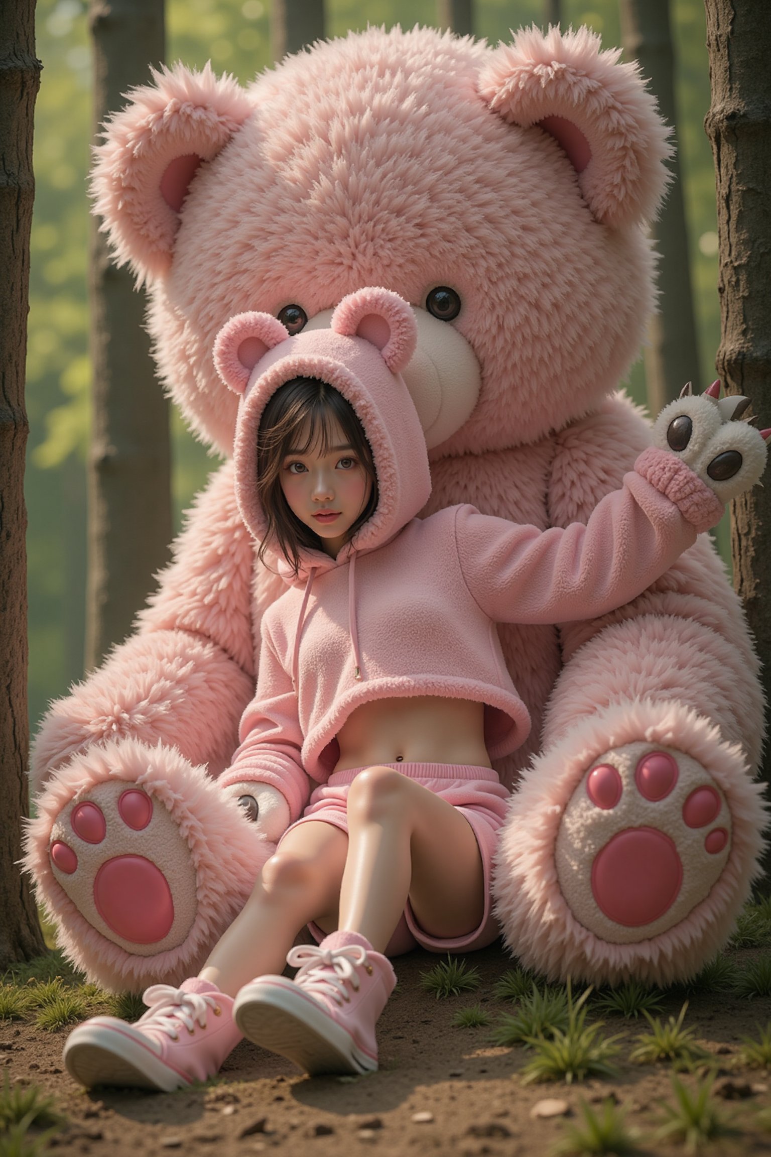 A young,  slender Asian woman wearing a fluffy plush fabric hood cropped hoodie with bear ears,  fluffy plush fabric short...