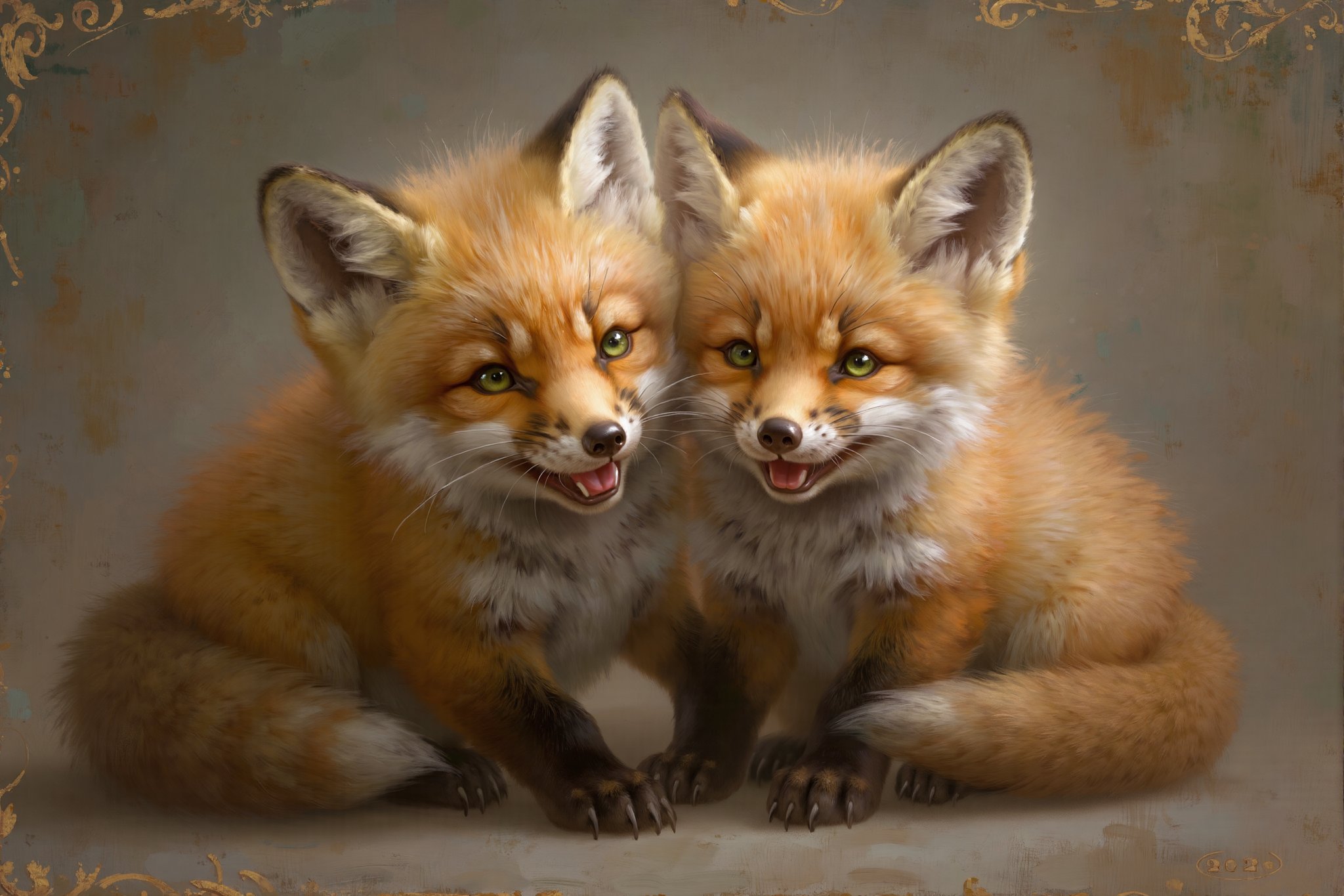  (Fox cubs), (happy), (oil painting), (chubby cheeks), (green eyes), (playful), (whiskers), (fluffy fur), (cuddled together), (soft lighting), (antique frame), (random patterns), (masterpiece), (dynamic lighting), (8k), (high resolution), (best quality), (natural beauty), (sharp), (very detailed), (realism), (realistic), (detailed anatomy),score_9, score_8_up, score_8,score_7_up,source_real, 