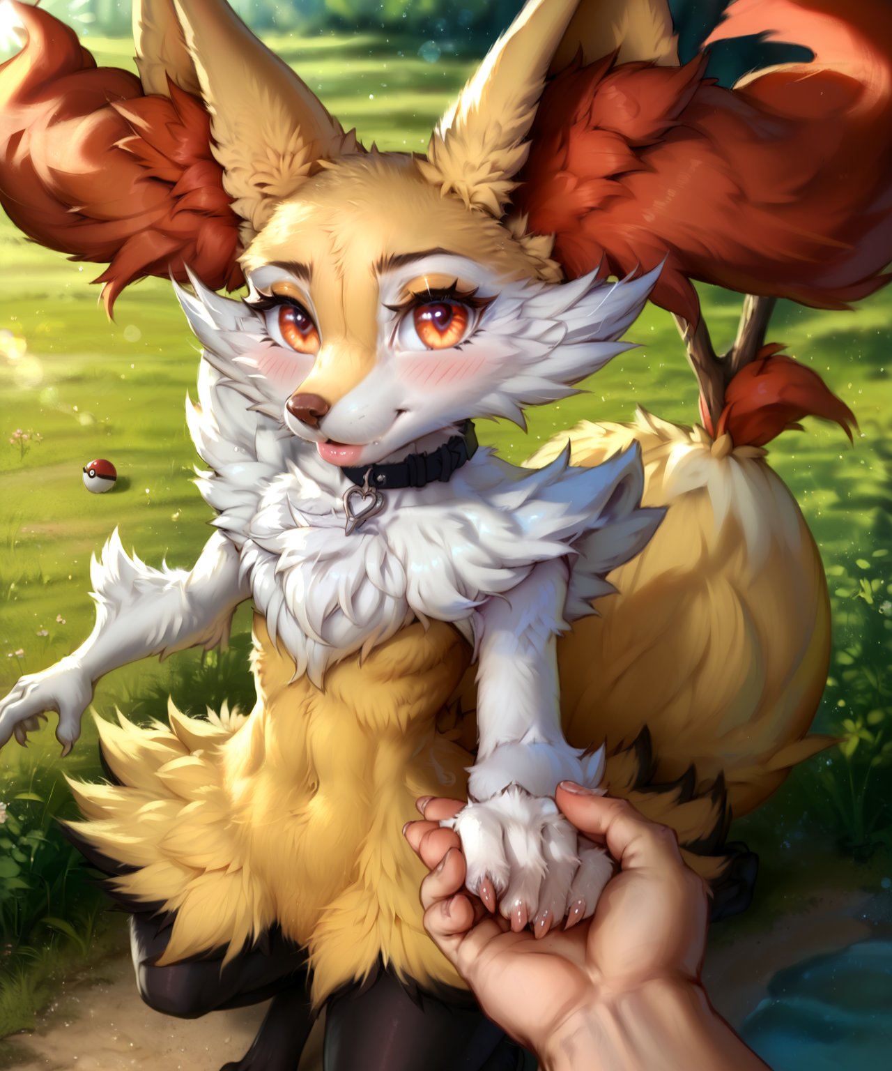 Prompt: score_9_up, score_8_up, score_7_up, score_6_up, score_5_up, source_furry, a semi-feral, digitigrade female braixen (pokemon), cute, skinny, lithe, slender, thin, fluffy fur, blushing, fluffy chest tuft, pink lips, whiskers, fluffy tail, black collar, detailed fur,body fur, blush, hearts, ((/from above, from front, front view, bird's-eye_view/), facing viewer, pokeball, gorgeous, full_body, perfect hands, Shallow Depth of Field, lens 50mm f/2.0, (realistic fur, detailed fur texture:1.2), ((photorealistic) (RAW Photo)), key visual, vibrant, studio anime, highly detailed, high quality photography, 3 point lighting, flash with softbox, 4k, Canon EOS R3, hdr, smooth, sharp focus, high resolution, award winning photo, 80mm, f2.8, bokeh, realistic, hyper-realistic, photo, BraixenPXL, black legs, white arms, headpat, pov hands, blush, hearts, beautiful long eyelashes, perfect eyelashes, top of a hill, outdoors,  wilderness, holding hands