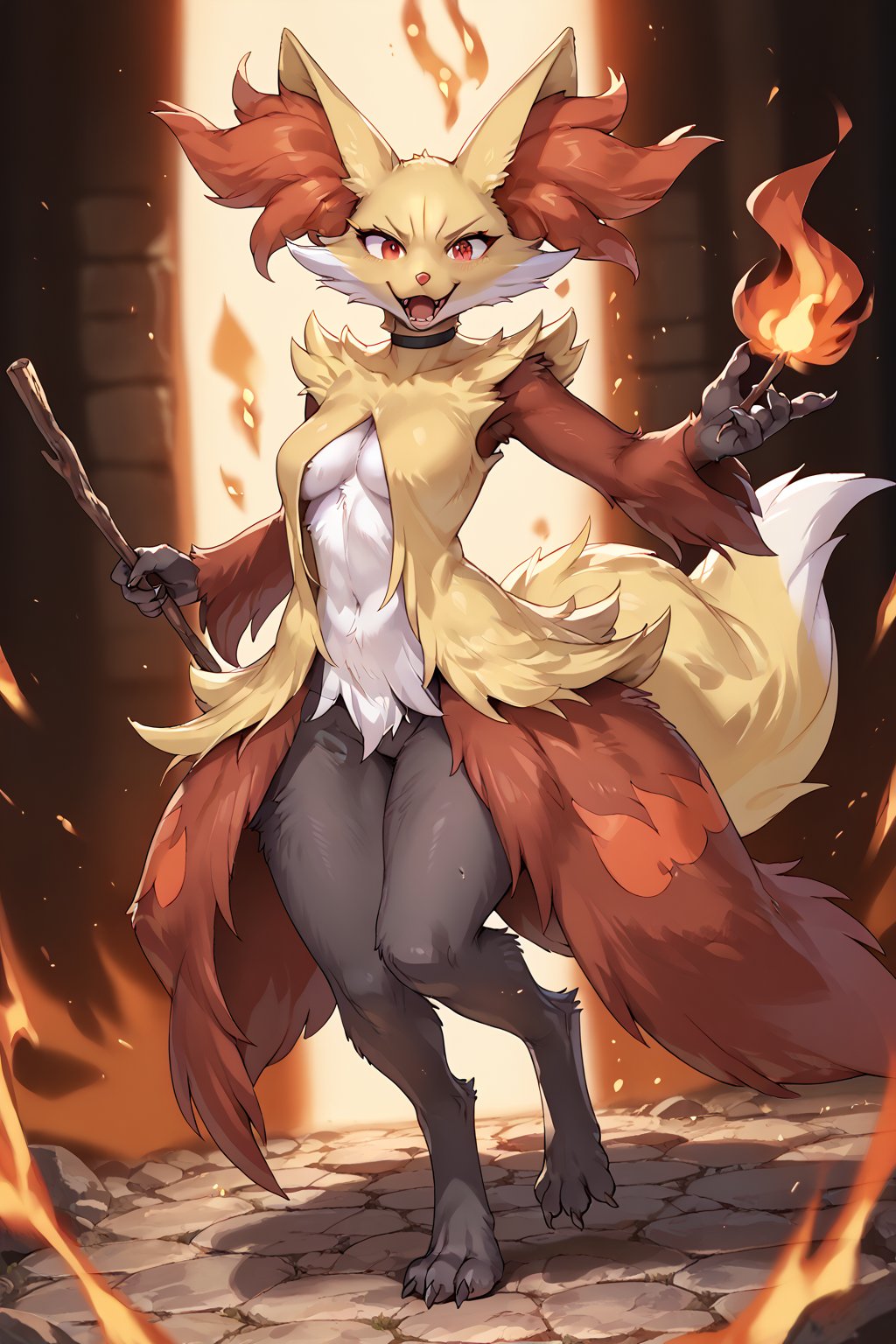 score_9, score_8_up, score_7_up, score_6_up, score_5_up, full body image, solo female semi-feral delphox, She is in in a fiery battle. A circle of fire in front of her. Her body is supple and graceful and her poses are elegant. Her handpaws have five fingers with claws, her footpaws have five toes with claws, (She has a very long and thin torso, she has very short digitigrade_legs:1.3), black choker, holding burning stick, fluffy, body fur,detailed fur,tuft,Furry,Monster,cute,delphoxpxl,source_anime,BREAK,action shot, fire magic, fire ring,fire spiral, red eyes, evil expression, laughing, insane, pyromaniac