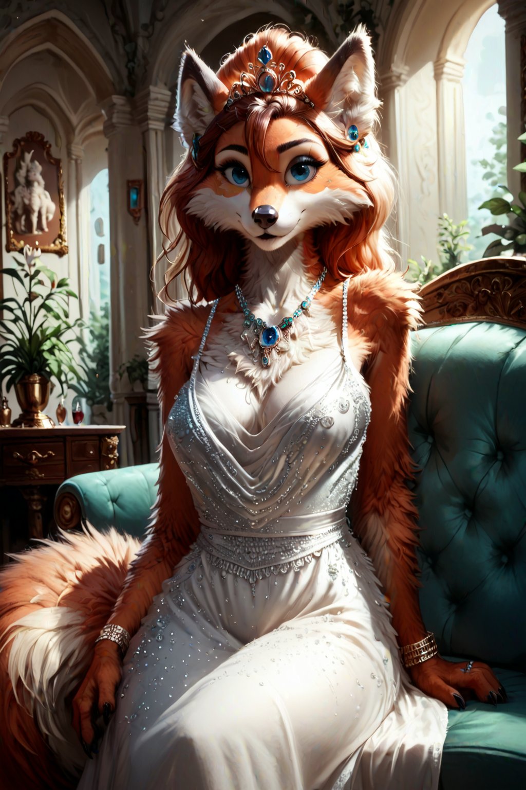 score_9, score_8_up, score_7_up, score_6_up, score_5_up,  (masterclass), (best quality), (ultra-detailed) , a semi-anthro female fox embodying the traits of concepts like (flirtatious, naughtiness, woman, sexy, gorgeous, seated, divan couch, avant-garde magnifique), tasteful clothing, fully clothed, elegant clothing, princess attire, beautiful dress, Furry,fluffy,Monster,cute,FluffyStyle,fur,detailed fur,body fur,tuft,MegaFluffyPony, furry, fluffy,  jewellry, bracelets, rings, necklace,  tiara