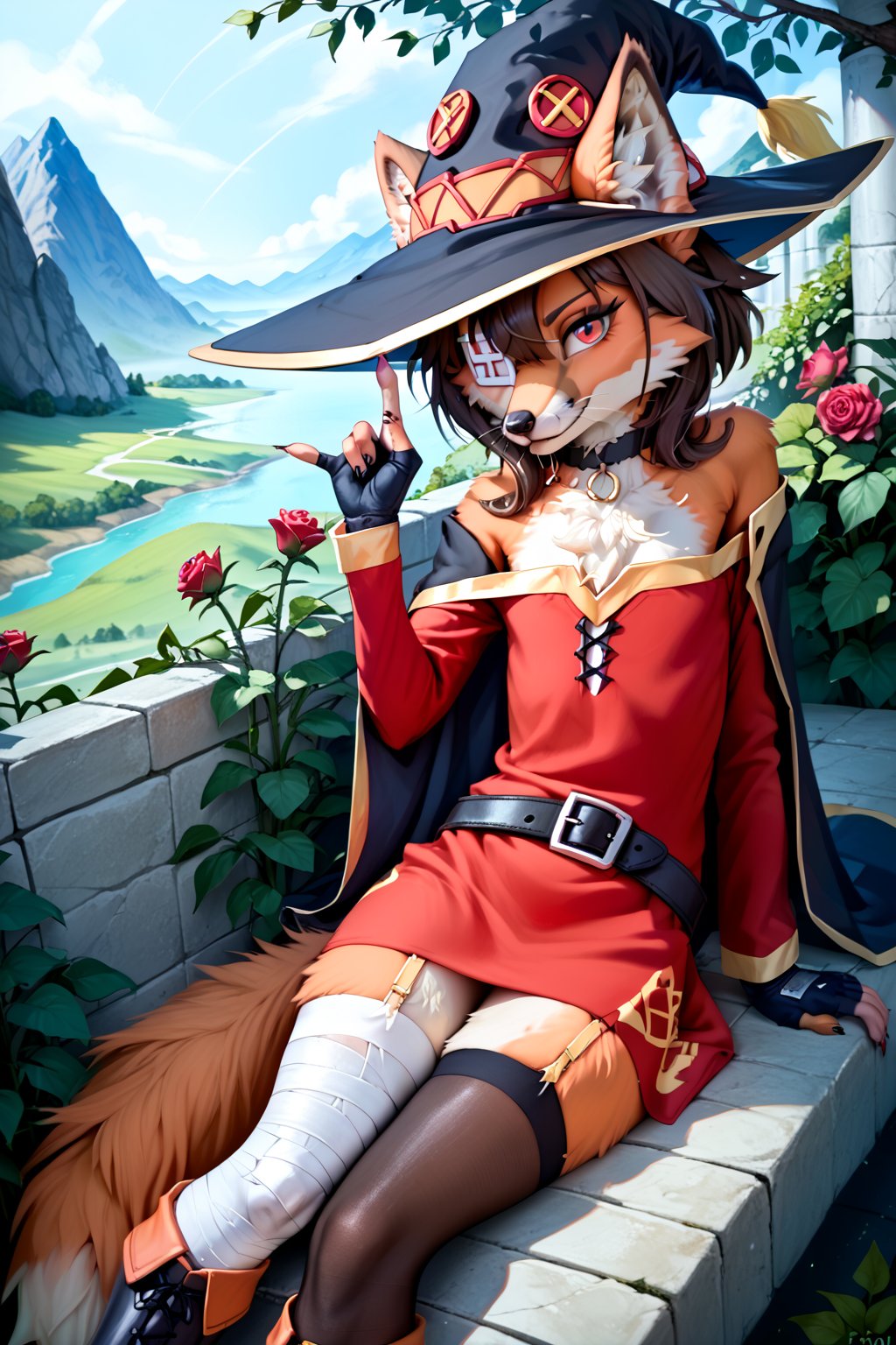 score_9, score_8_up, score_7_up, score_6_up, score_5_up, solo, Foxyfluff, anthro FEMALE FOX, (red and White fur), animal ear fluff, snout, whiskers, Ultra HD, high-quality, high quality, best quality, flat chested, short, fluffy, sfw,

source_anime, AEMegumindef, red eyes, Brown hair, Belt choker, red dress, off-shoulder dress, Black gloves, fingerless gloves, Belt, mismatched legwear, asymmetrical legwear, bandaged leg, black thighhighs, knee boots, hat, red eyepatch, Black cape, expressionless, on stomach,


BREAK
Outdoors, marble balcony, surrounded by roses, marble bench, green flowering vines, beautiful mountain vista background. BREAK l
Score_PnyReal,flatee,v3rd,detailed fur,MegaFluffyPony, furry, floof
BREAK 
source_furry,detailed face eyes and fur,body fur,tuft, (semi-feral),fox,f0x,FluffyStyle