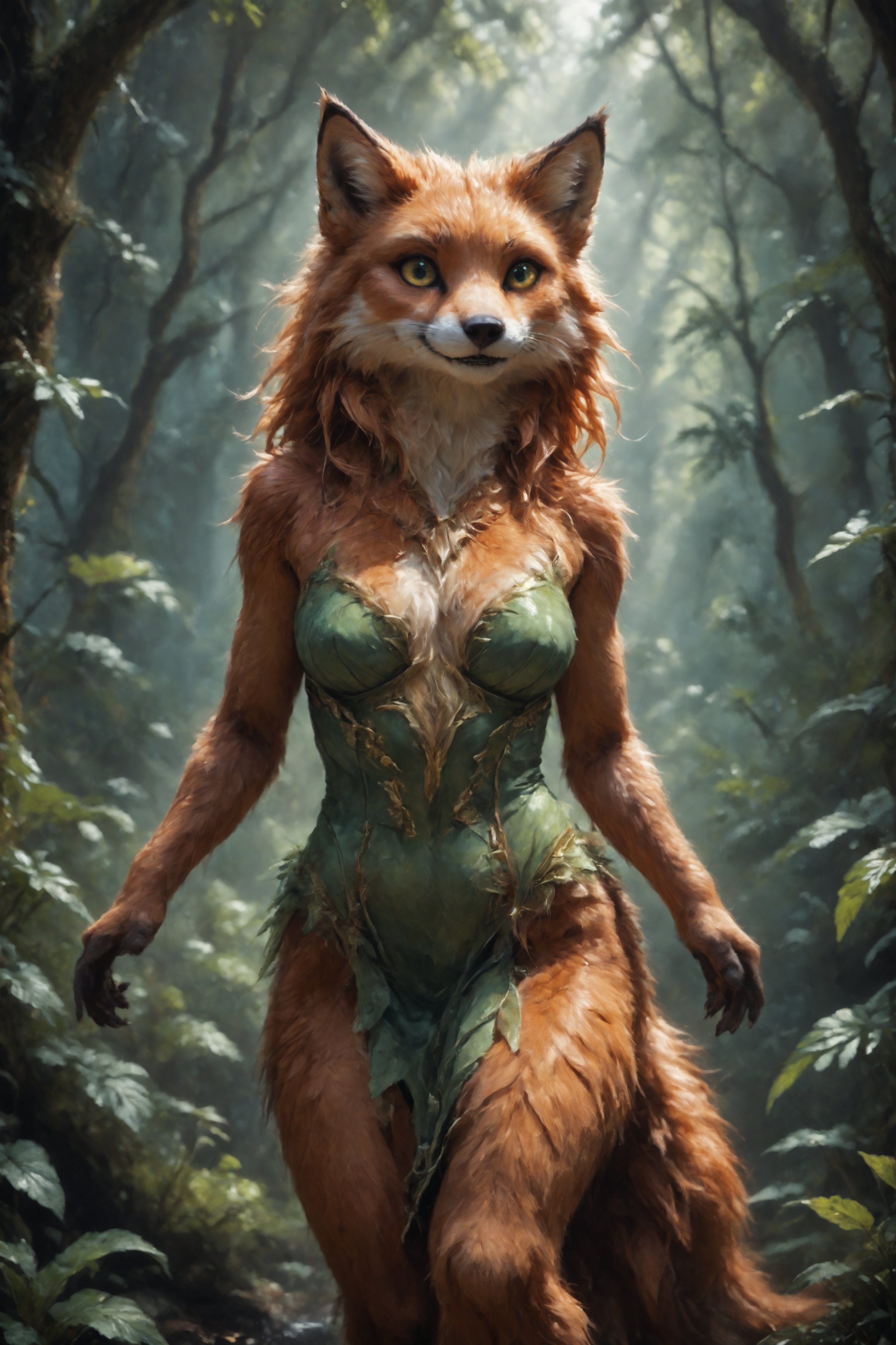 score_9,score_8_up,score_7_up,score_6_up,score_5_up, A lifelike realistic phot9graph of a foxgirl hybrid, radiant, alluring and graceful, standing in the midst of a serene forest grove. Her fluffy orange fur envelops a form adorned in a flowing green nature-inspired tunic with intricate gold lacework, and her bright brown eyes are aglow with both whimsy and mischief. Subtle claws enhance her hands, while lush green foliage frames her lithe form. anthro,Furry,Monster,detailed,cute, photorealistic,  hyper-realistic, f0x