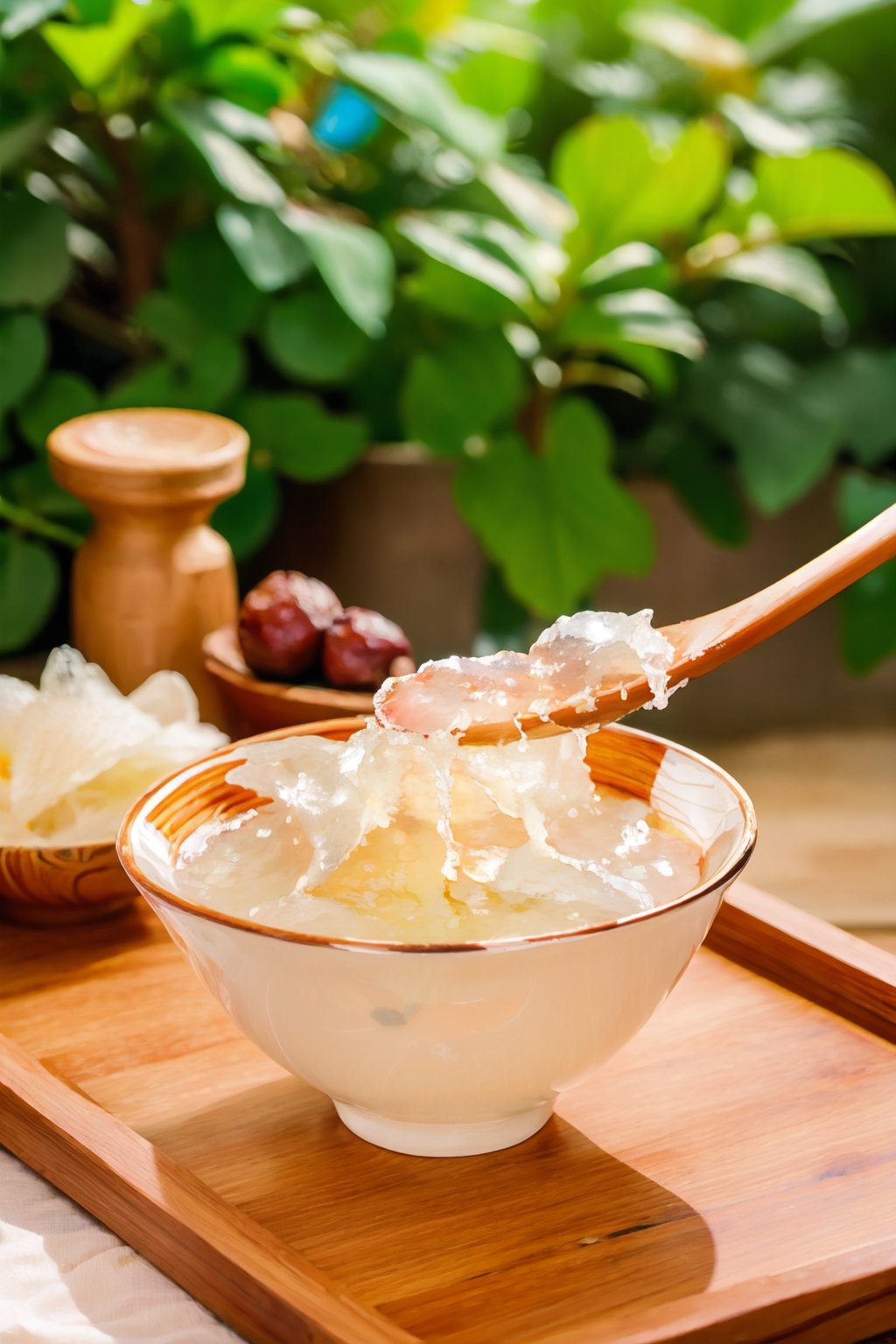 a bear, a bear swin in bowl of bird's nest soup, Bowl of Bird's Nest Soup,Masterpiece, 1 spoon, wooden bowl, outdoors, tree,Bird's Nest Jar,Animal