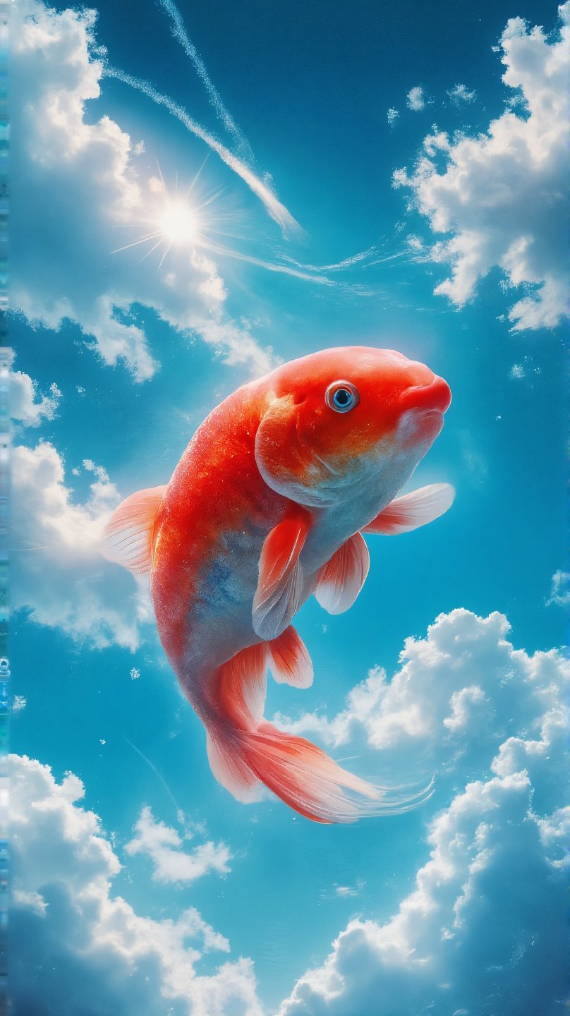 A red goldfish swimming in the blue sky and white clouds