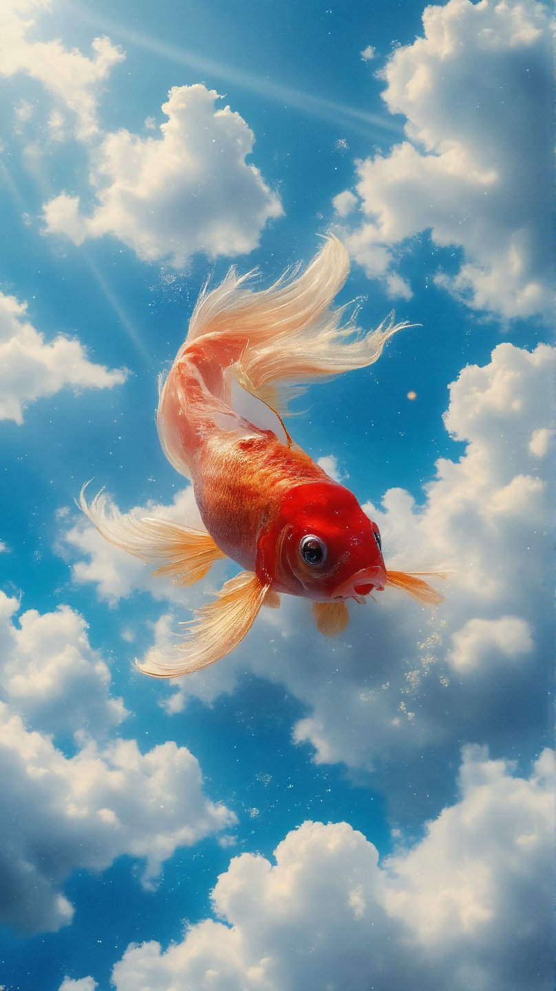 A red goldfish swimming in the blue sky and white clouds