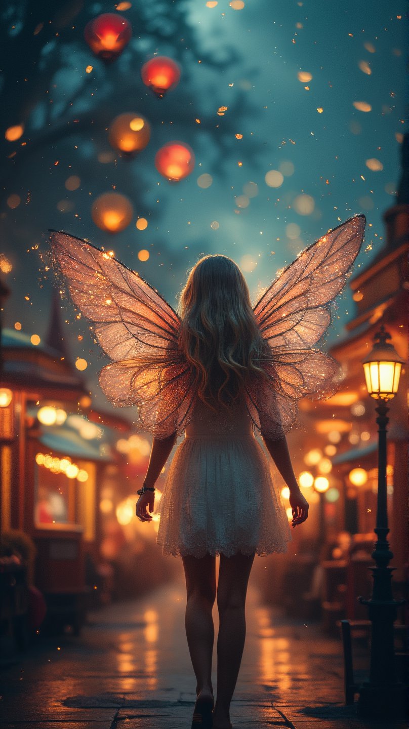 
Fairies fly around the glittering amusement park, very bright illuminations, God's light, heavenly light, bokeh