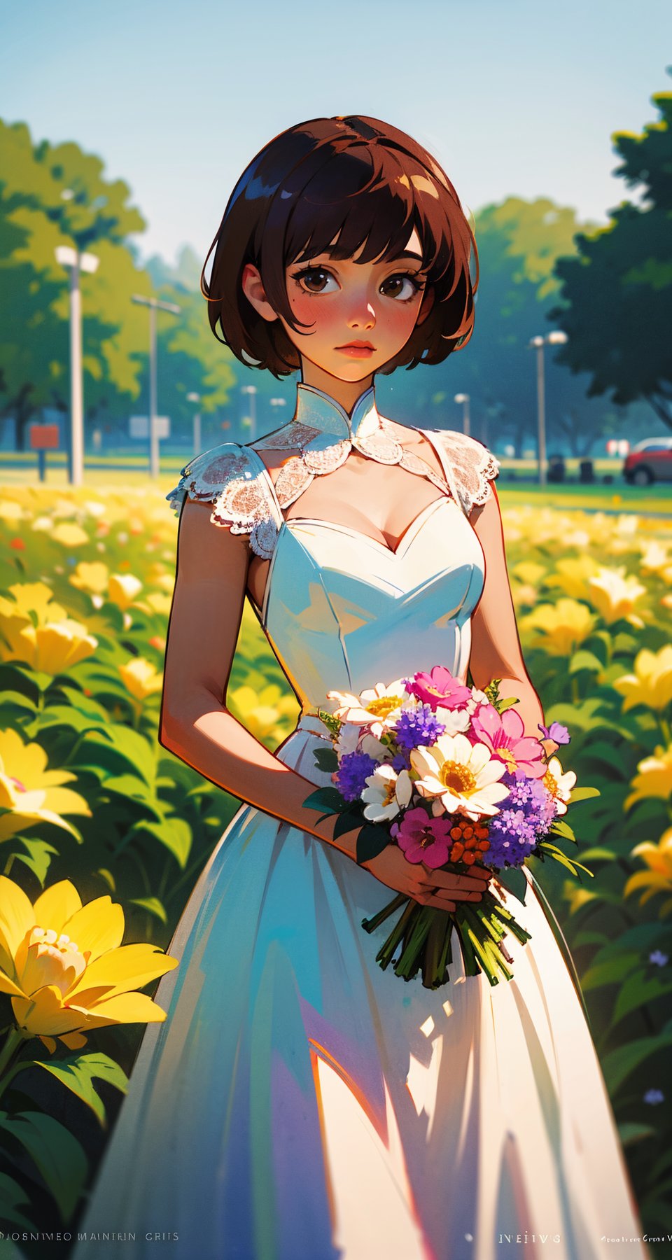 1girl, solo, short hair, brown hair, dress, flower, outdoors, watermark, bouquet, realistic