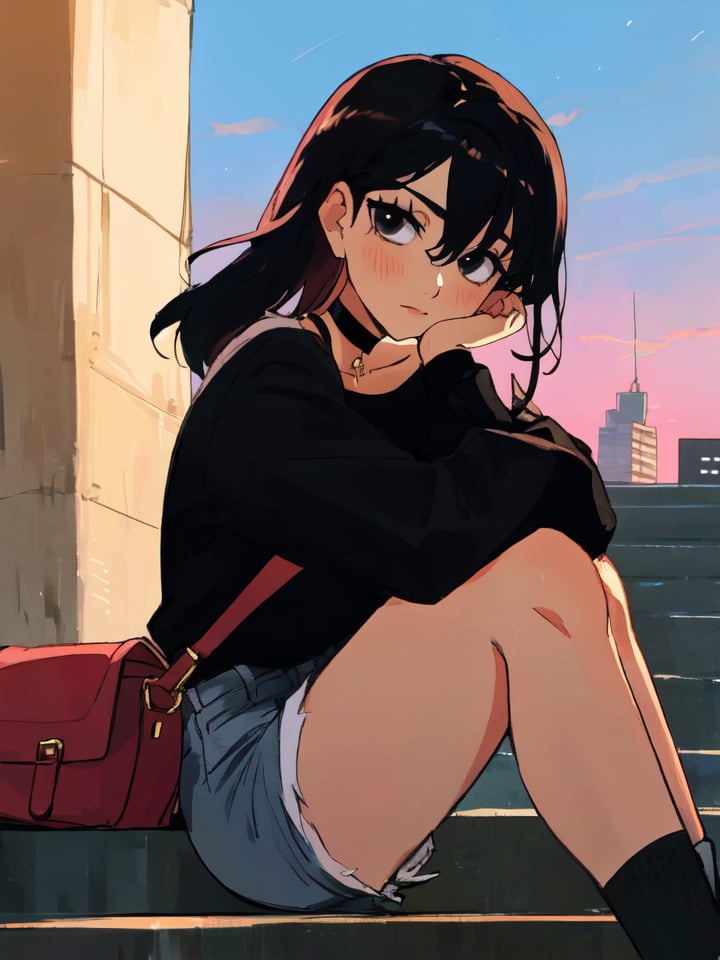 anime, 4k, intricate details BREAK from below, (from side:0.8), close-up, 1 girl, black eyes, black hair, flipped hair, sidelocks, eyelashes, bags under eyes, head tilt, head rest, sitting, leg up, hugging knee, black with white sneakers, black socks, black denim shorts, black shirt, long sleeves, choker, stairs, city, building, sunset,mature female, mature woman, womanly eroticism, mature womanly beauty