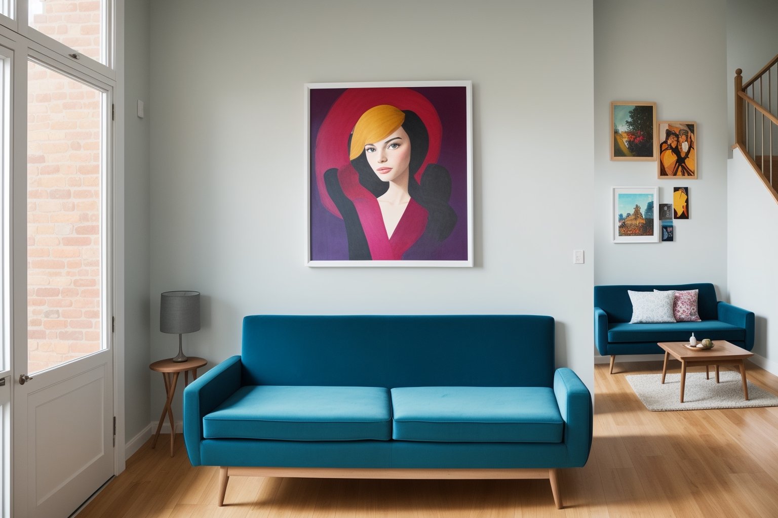 Indoors living room portrayed in the art form of Illustration. Drawing inspiration from the sketches of Mary Blair,  the s...
