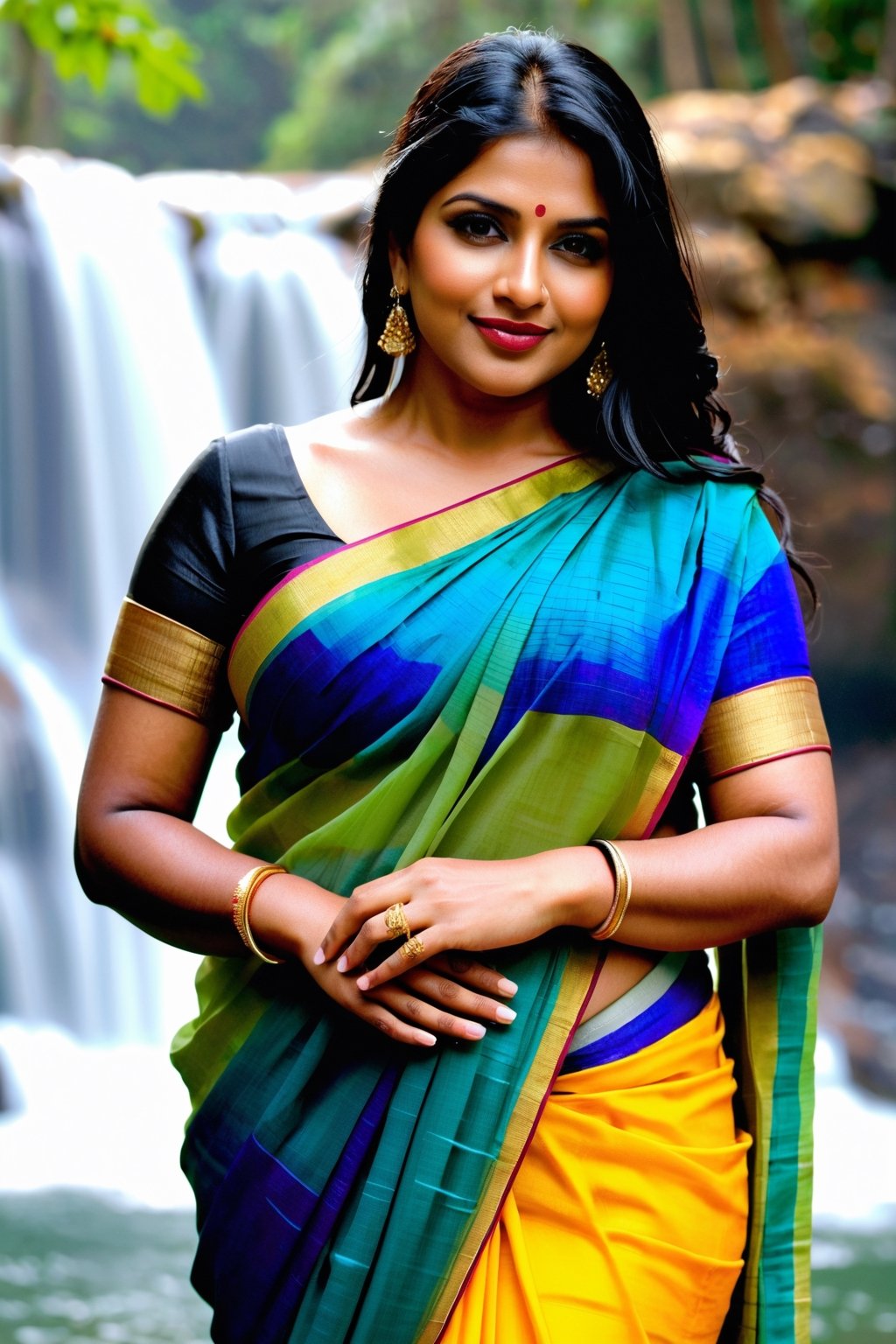 perfecteyes,  photo of two indian milf standing beside a waterfall,  raining by fourbitimage on Tensor.Art